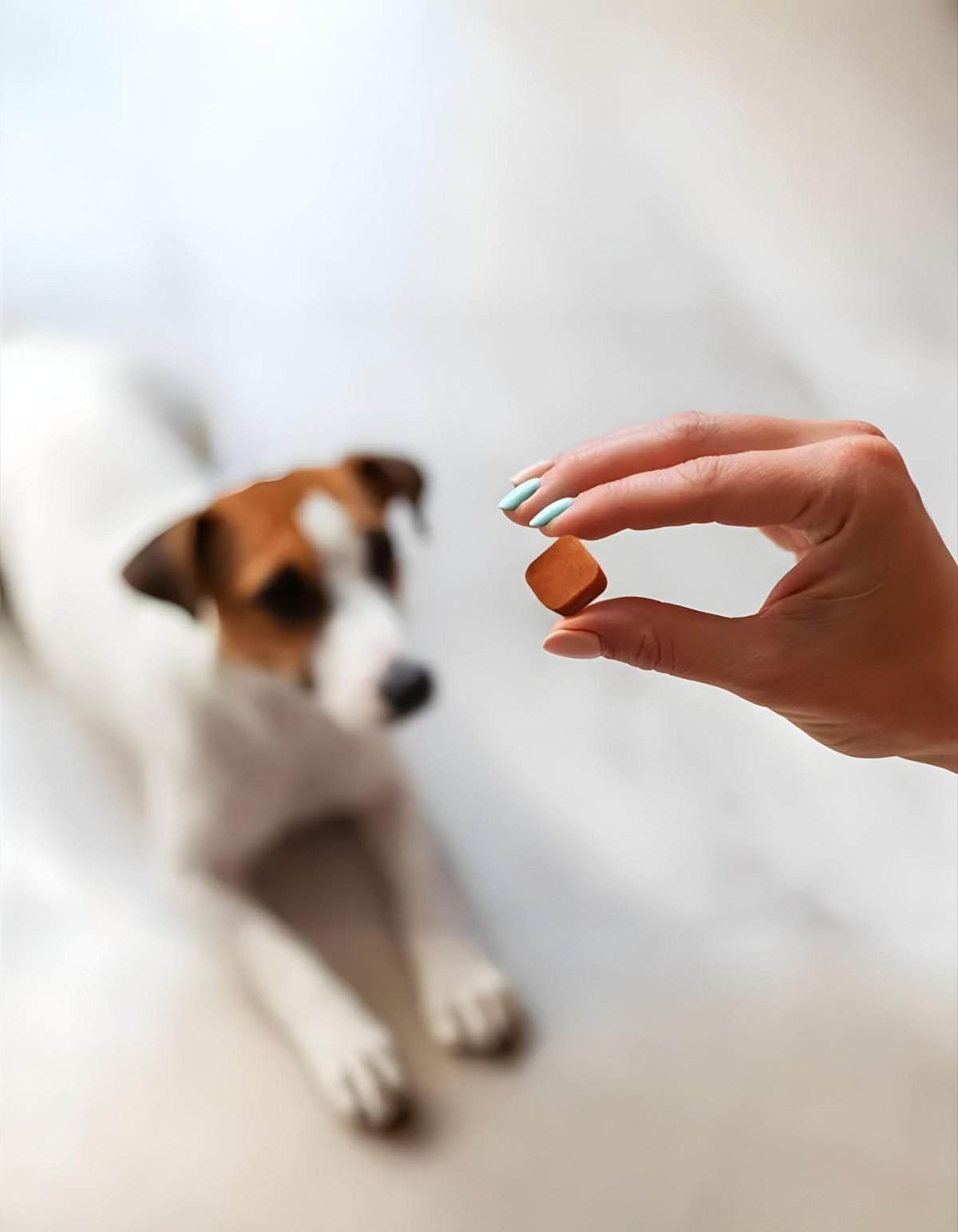 Close-up of hand holding a training treat while a dog sits attentively in the background.