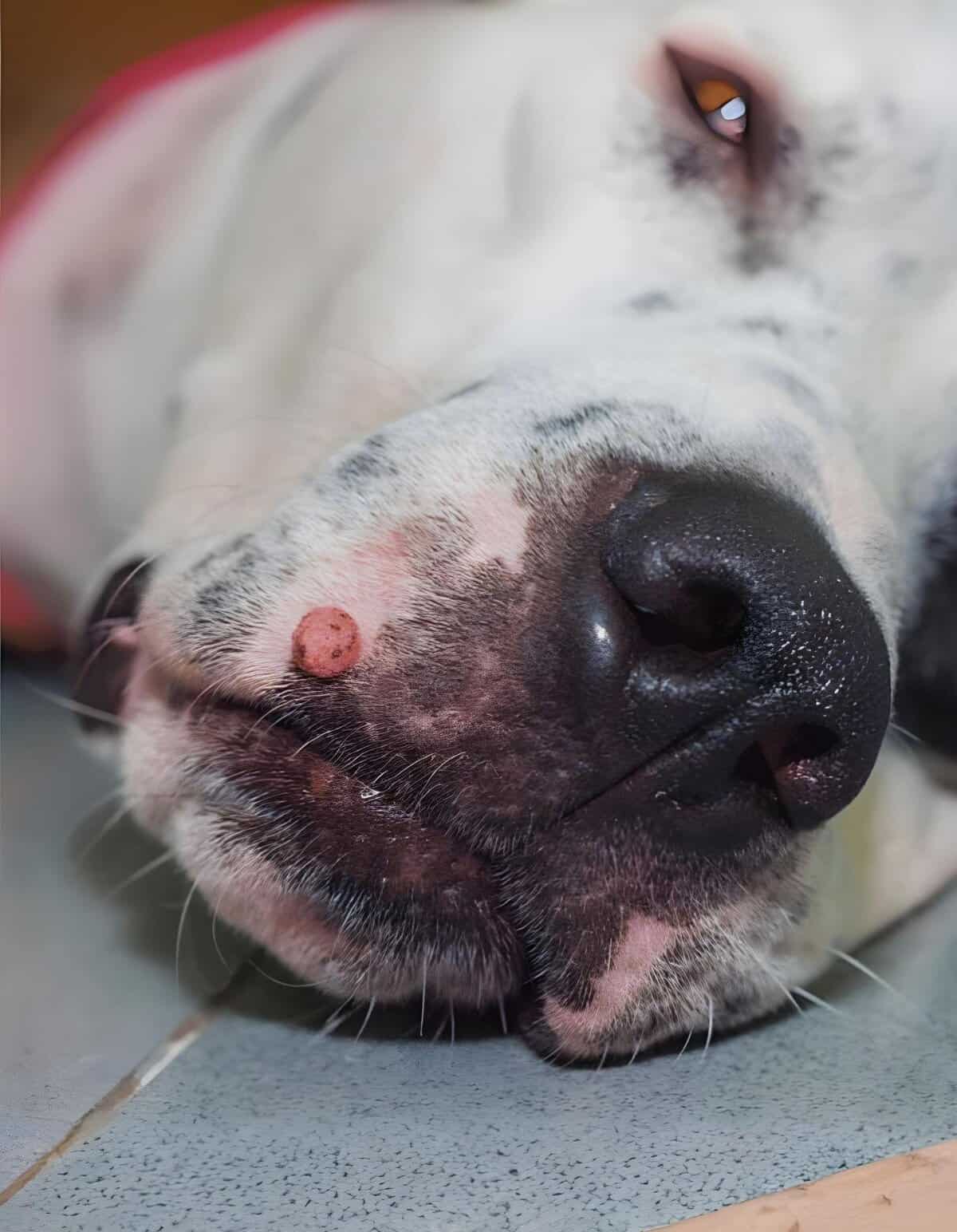 Close-up of a dog’s face showing a skin growth on its snout, highlighting dog health and wellness concerns.