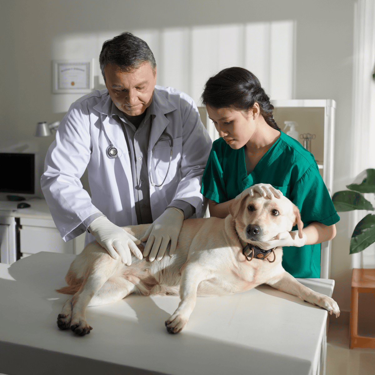 A veterinarian and assistant examining a Labrador retriever dog at a veterinary clinic.