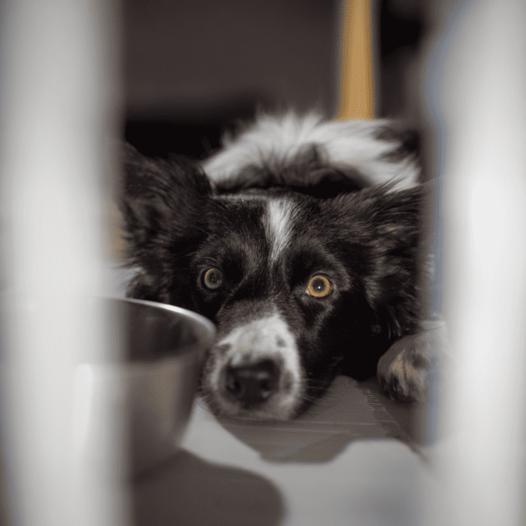 Cute Border Collie puppy lounging near food bowl, happy and calm in a cozy home setting.