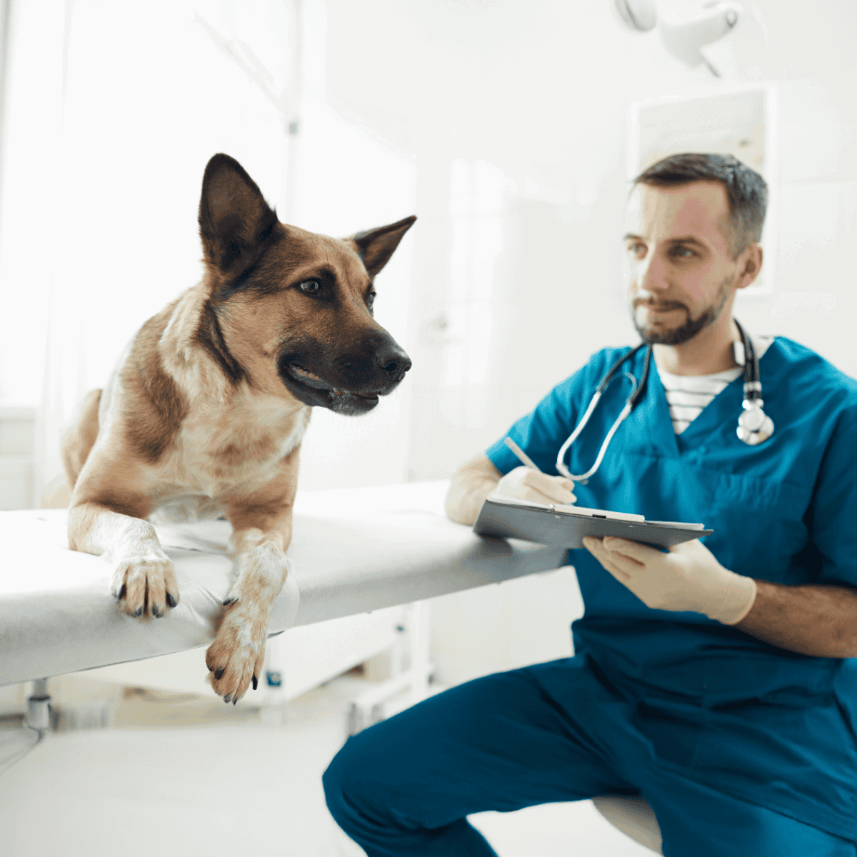 Dog at veterinary clinic during health examination.