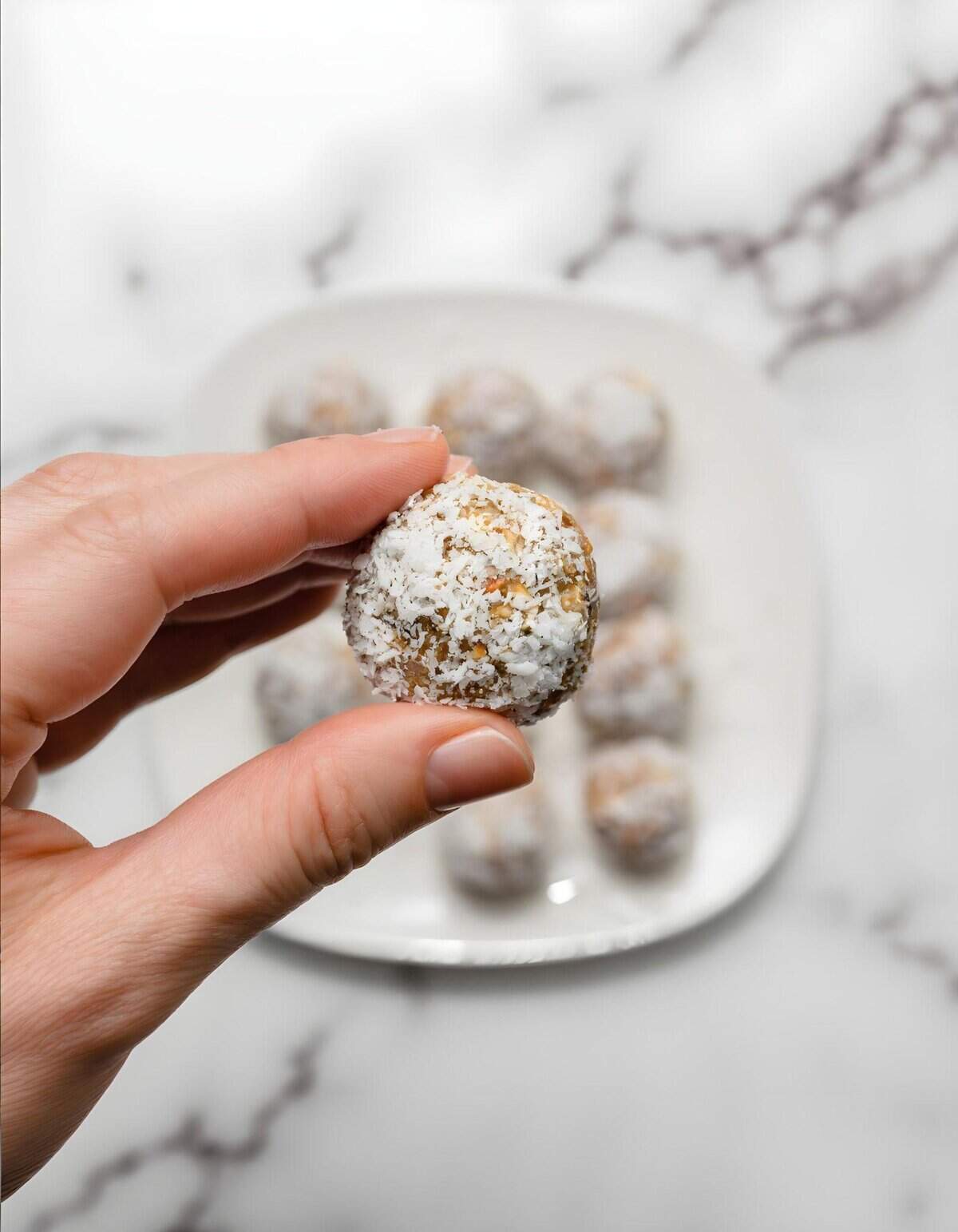 Alt text: Hand holding a homemade dog treat coated with shredded coconut on a marble surface.