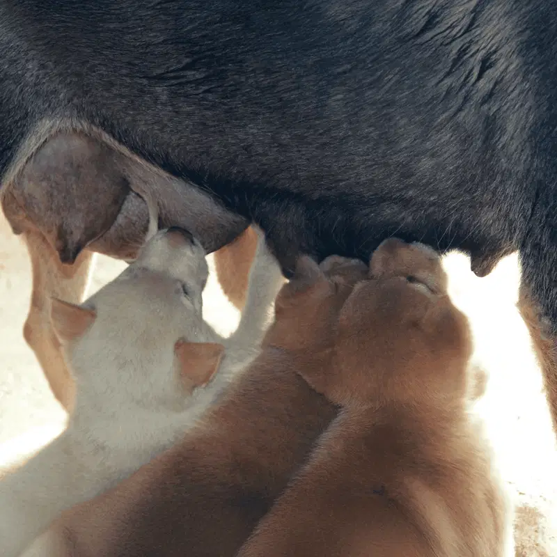 Close-up of adorable puppies feeding on their mother dog.