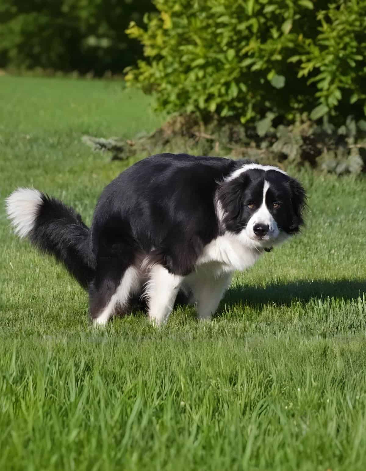 Border Collie dog standing in lush green grass with bushes in the background.