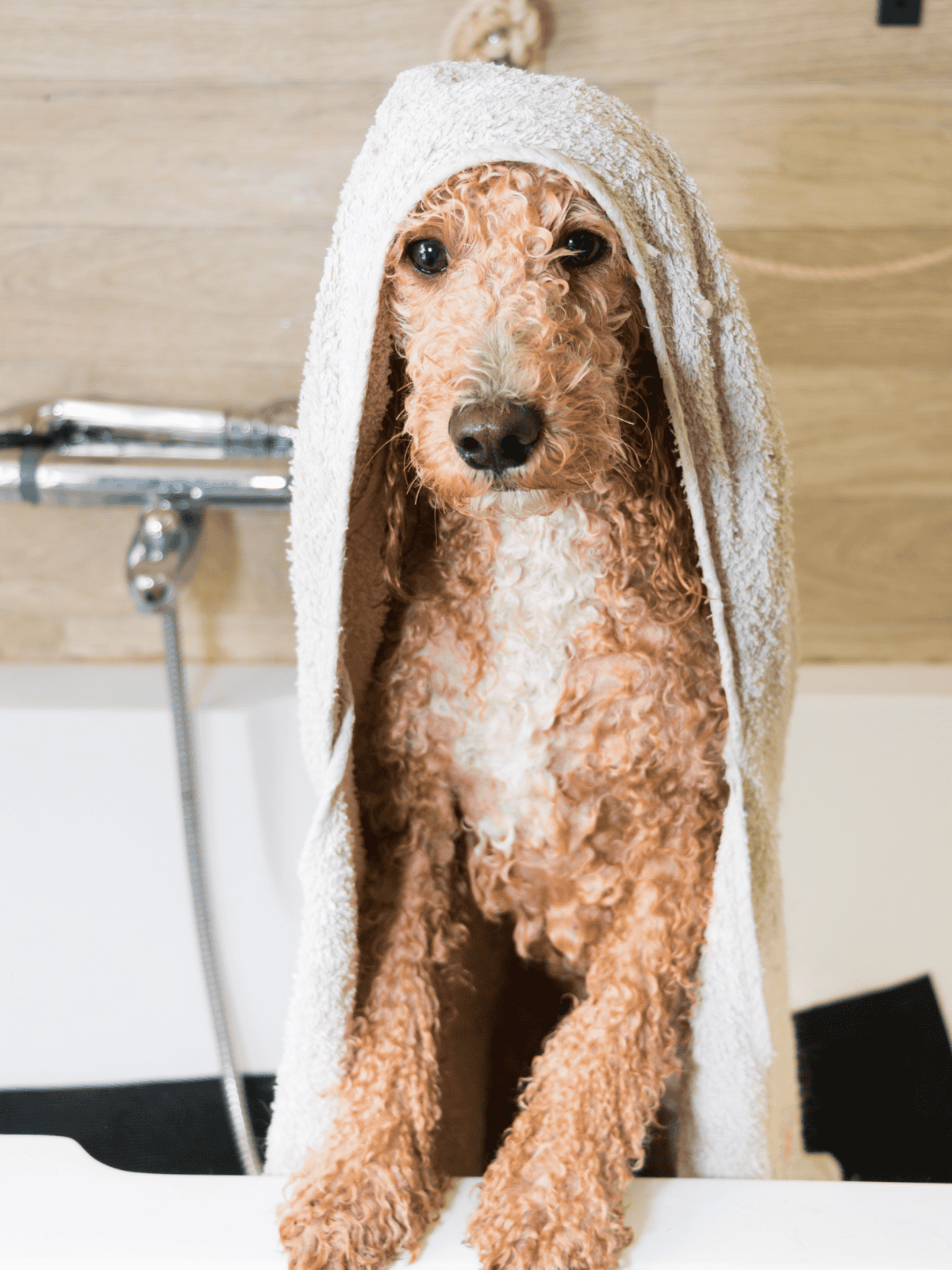 Cute poodle dog with towel after bath, ready for grooming or grooming at dog grooming salon.