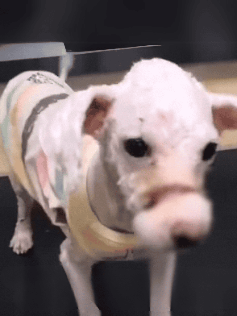Adorable white dog wearing colorful sweater, looking up. Perfect for dog lovers and pet care enthusiasts.