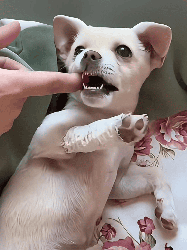 Adorable dog with bandaged paw and playful expression, enjoying a gentle finger interaction.
