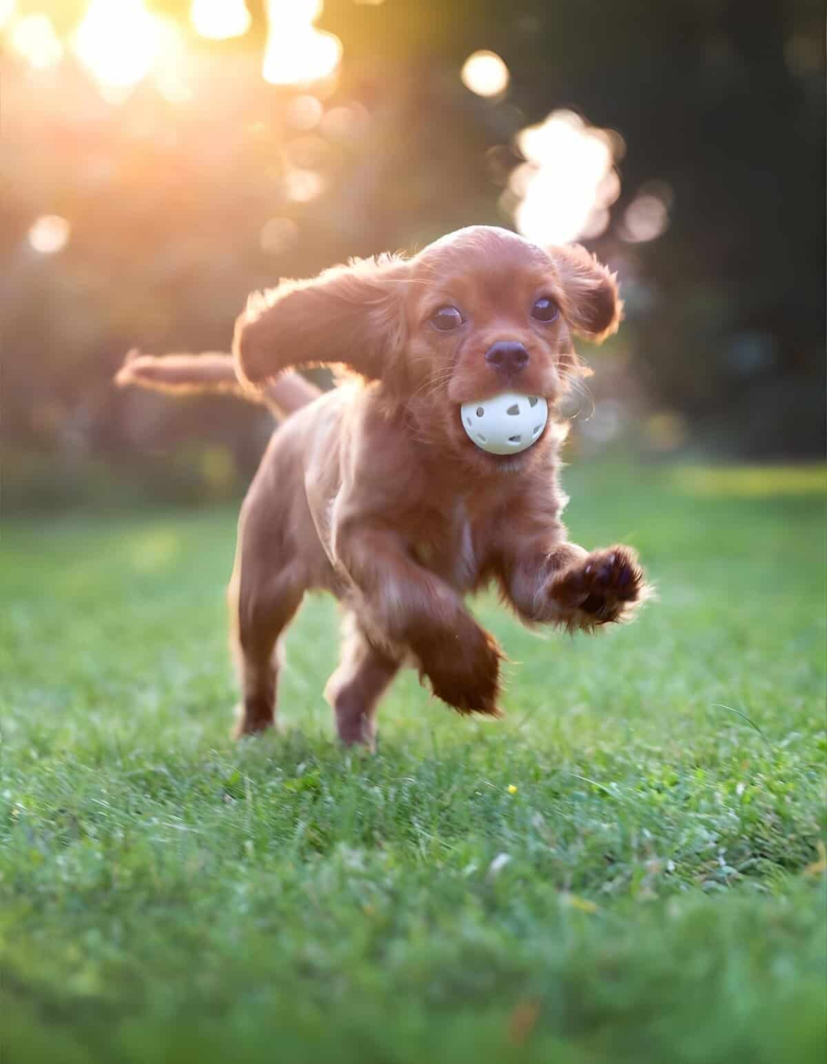 Happy puppy with ball in mouth running outdoors in sunlight.