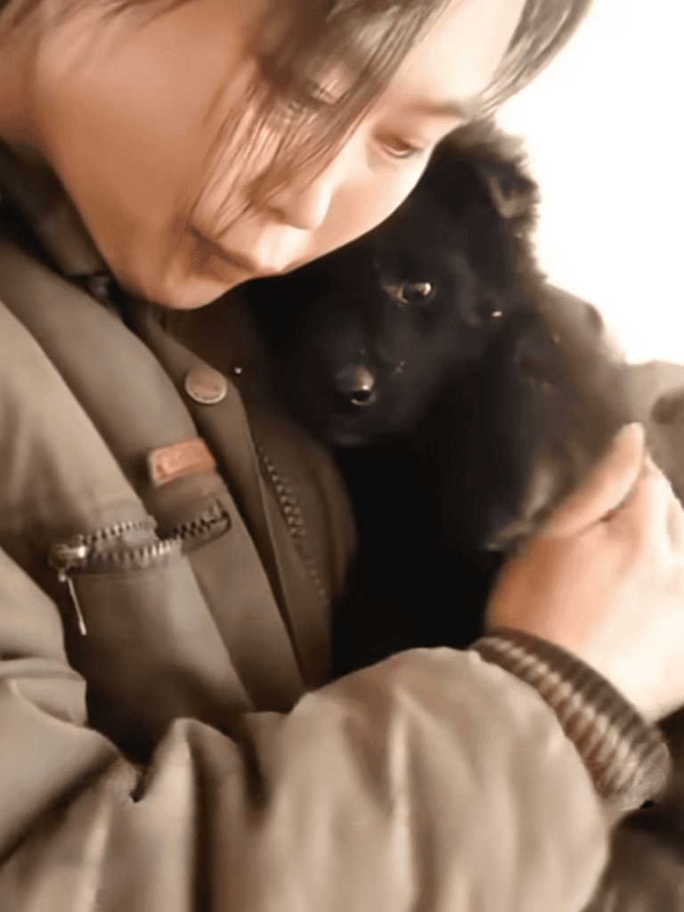 Adorable black puppy cuddling with a person, showcasing pet love and companionship.