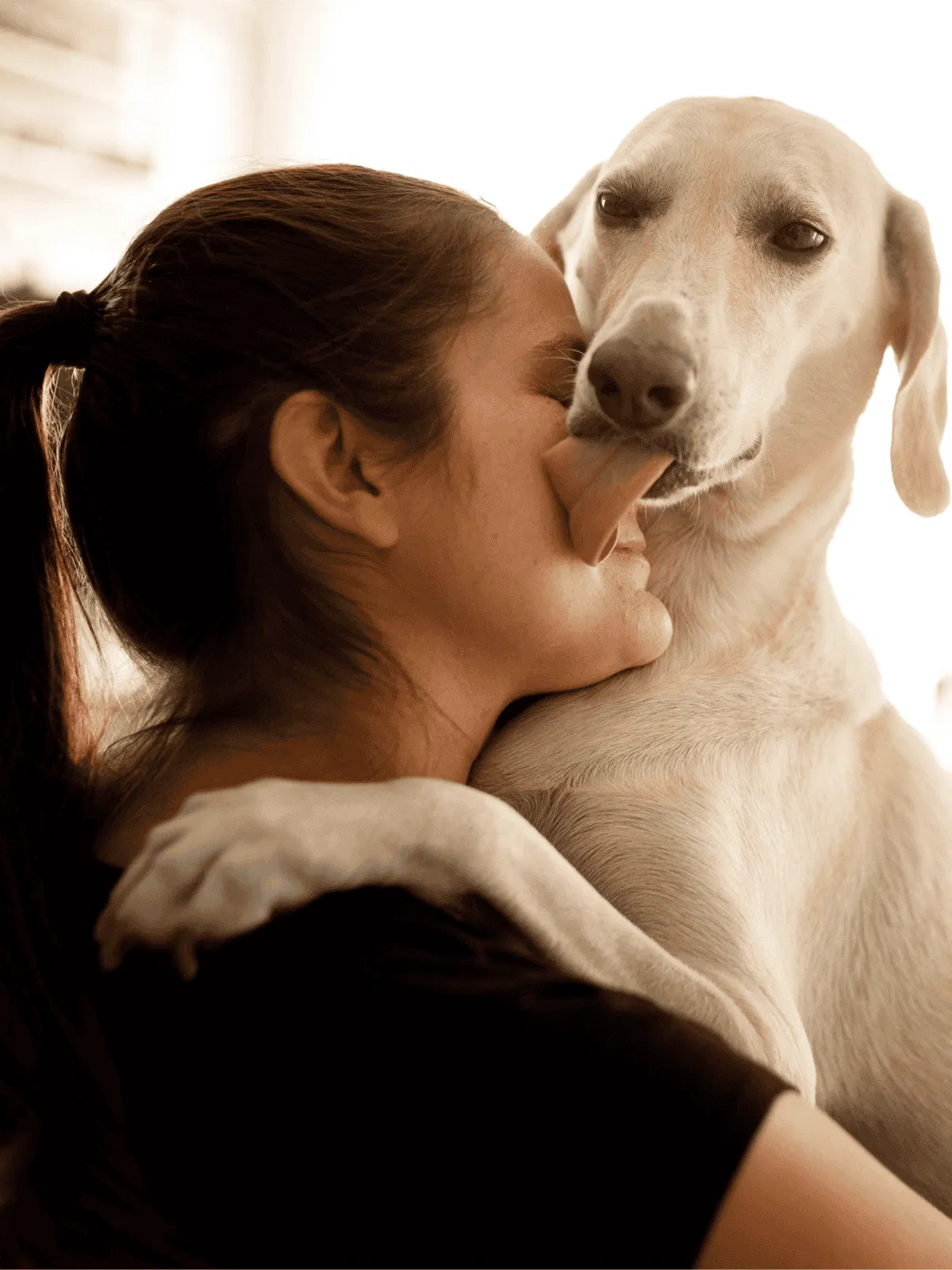 Dog licking woman’s face for affection, bonding, and companionship, happy pet and owner moment.