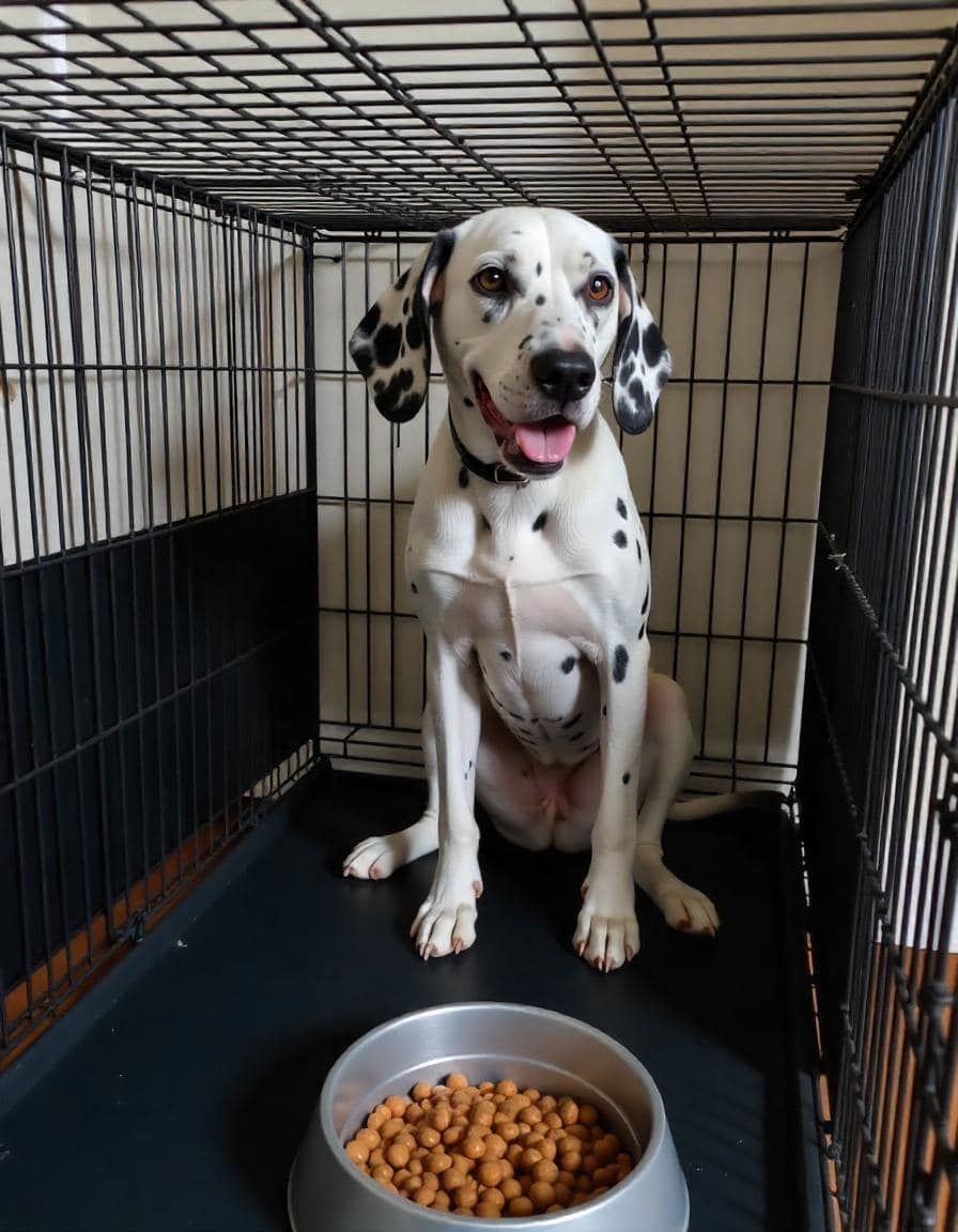 Adorable Dalmatian dog sitting inside a metal crate with a bowl of dry dog food.