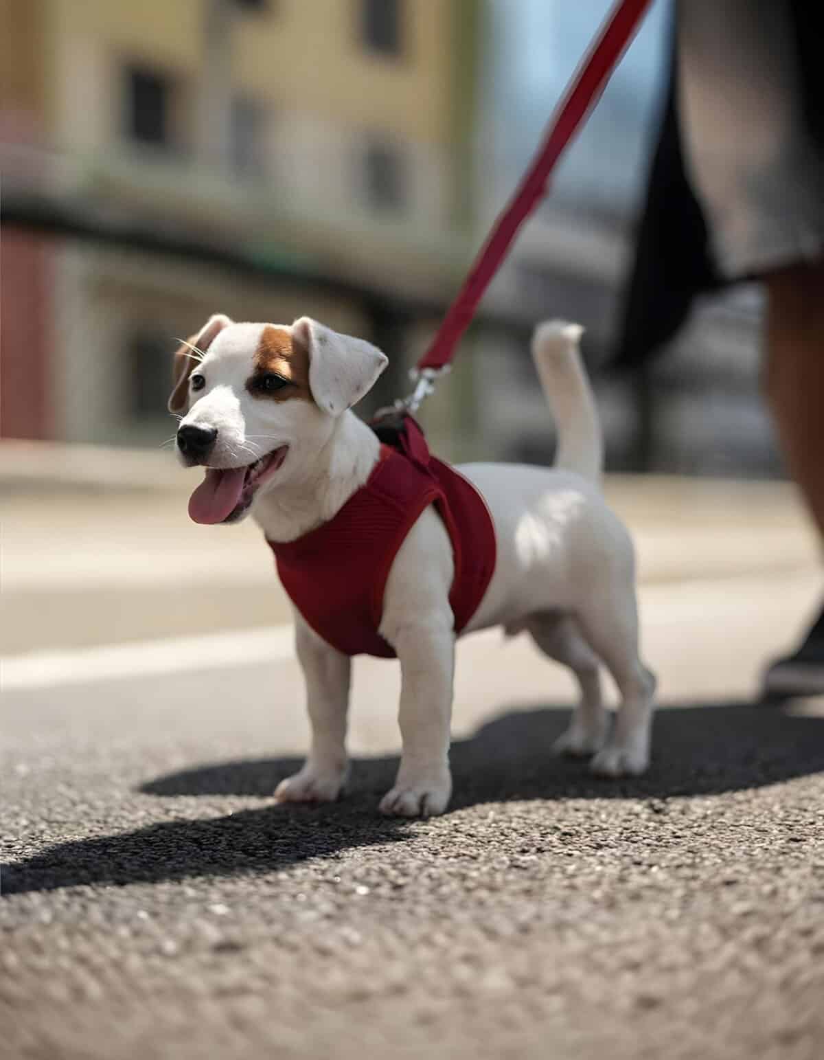 Happy puppy on a leash, wearing a red harness during outdoor walk.
