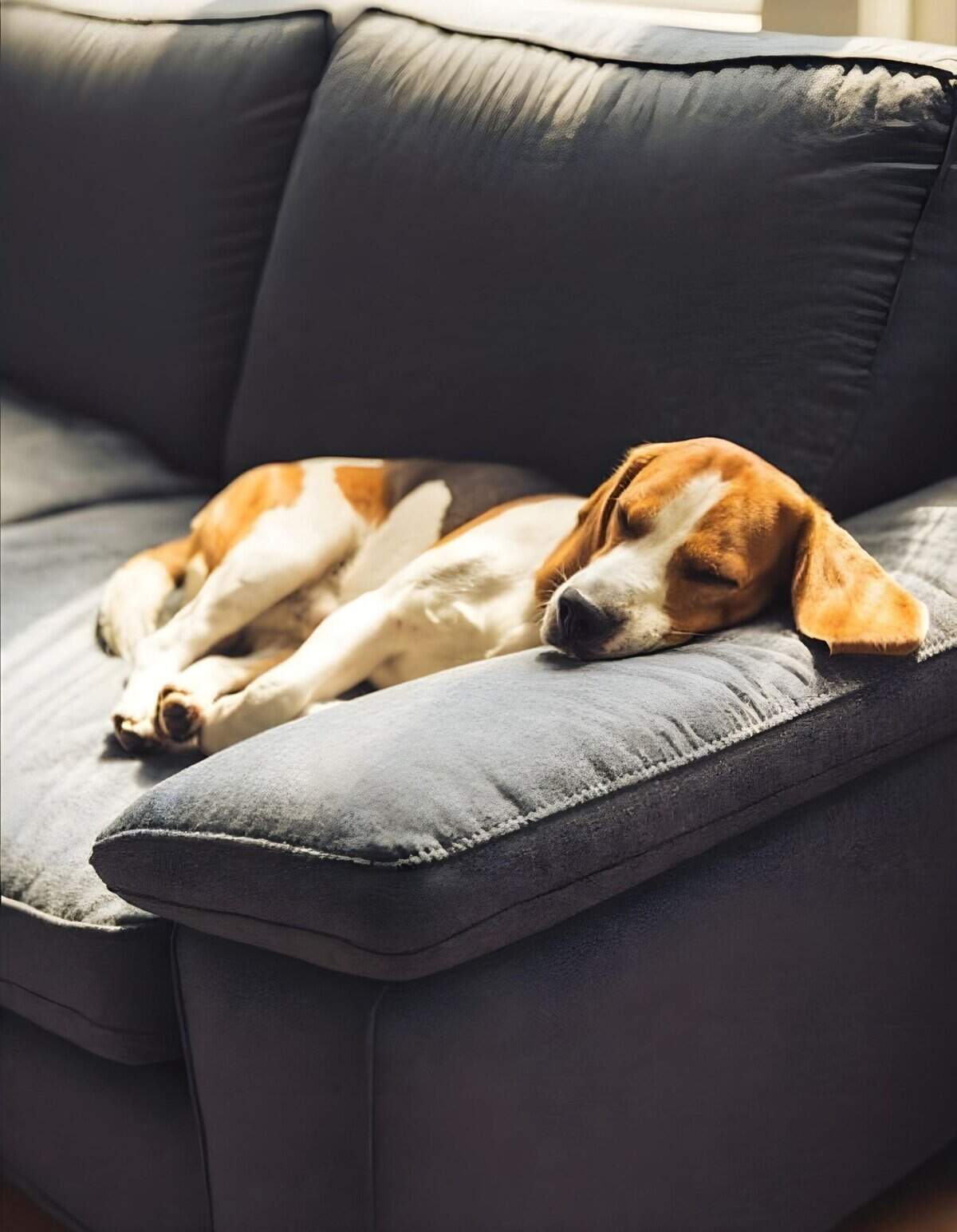 Dog resting peacefully on a plush gray sofa, enjoying a tranquil nap.