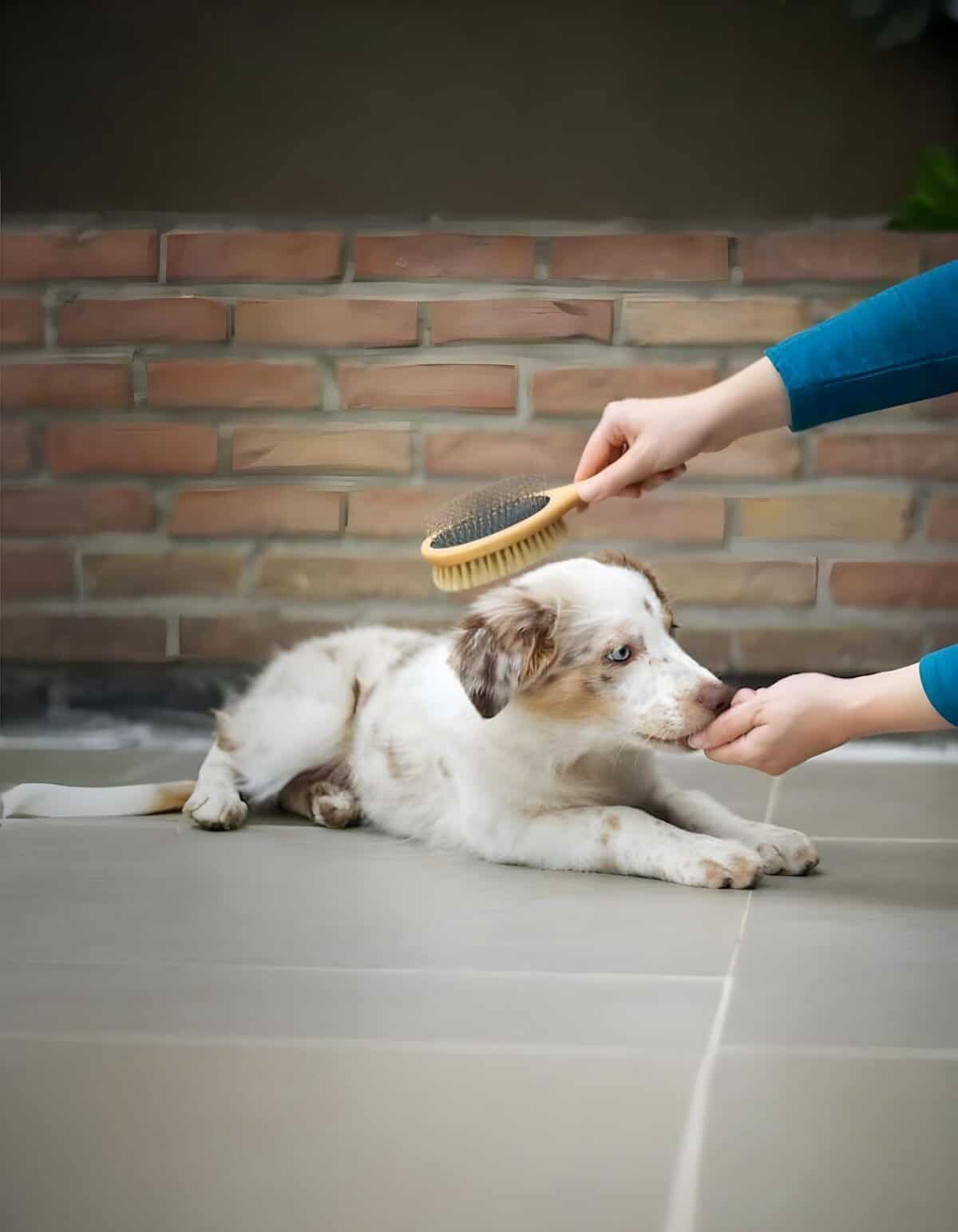 Dog grooming, brushing, and paw care at home or professional salon.