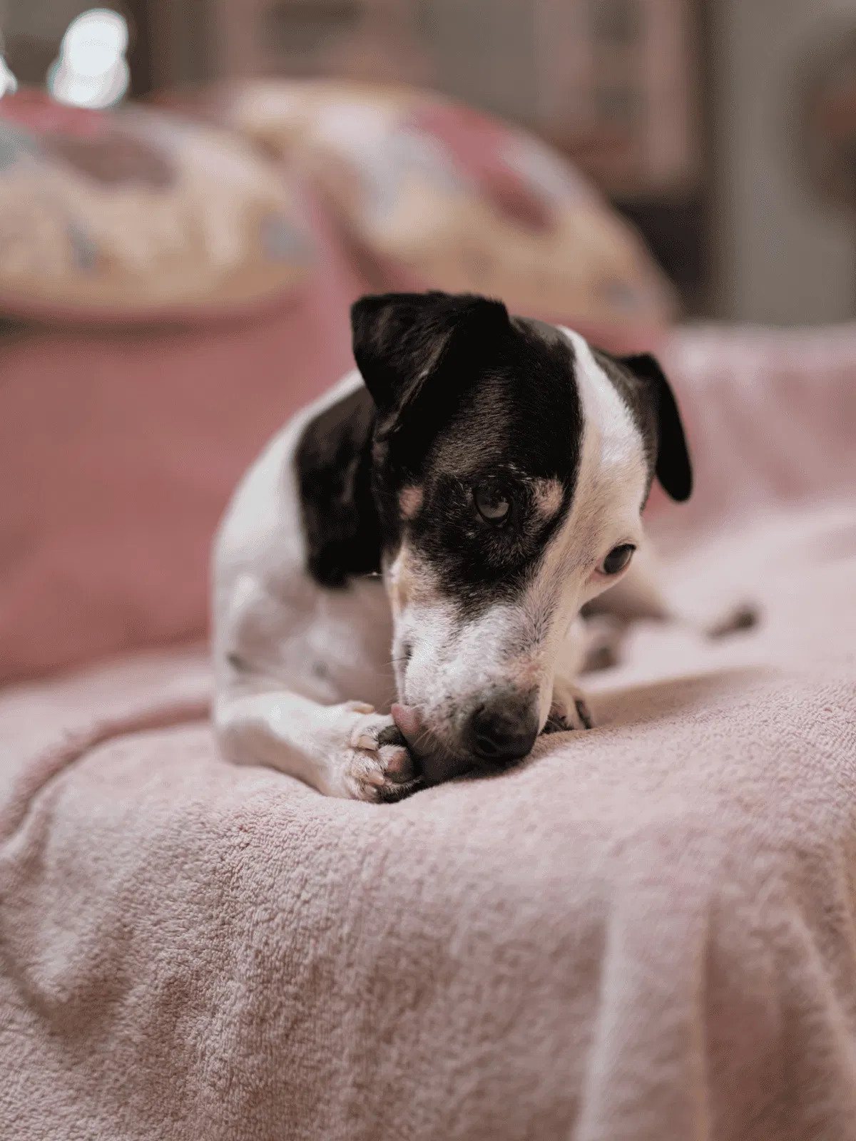 Adorable black and white dog resting on a soft pink blanket.