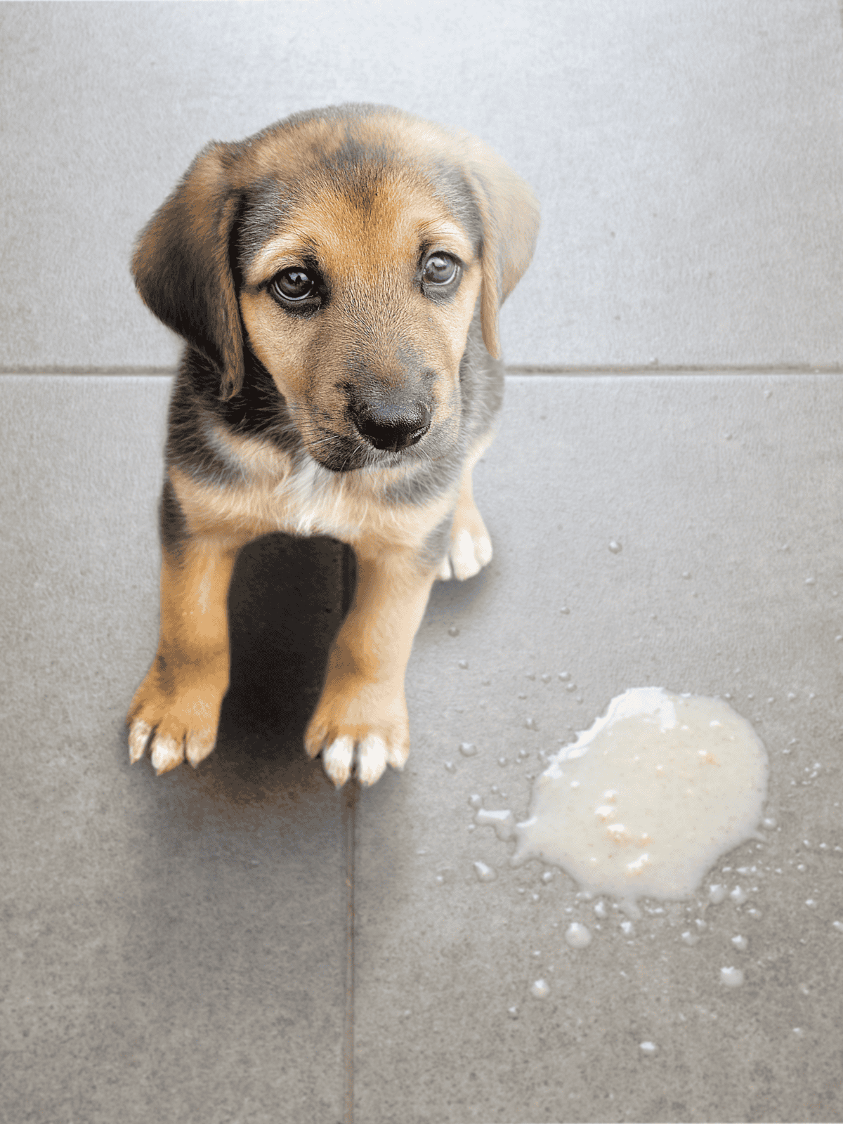 Adorable puppy next to spilled milk on gray tiled floor.