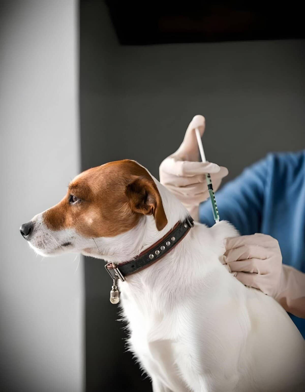 Dog getting vaccinated at vet clinic, animal health checkup, professional pet vaccine.