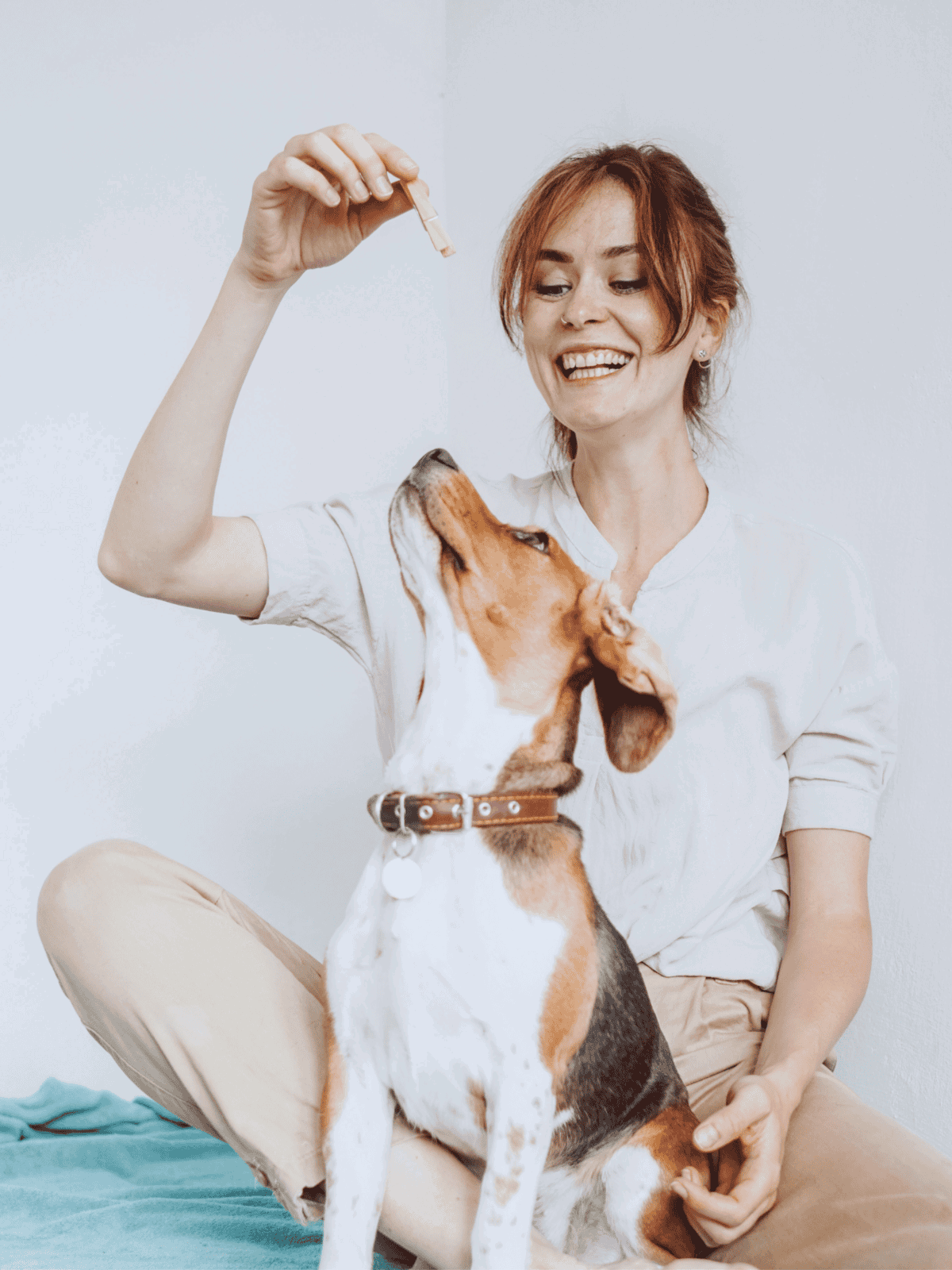 Happy woman training energetic dog with treat, indoor pet care, behavior training, Dogfix.com.