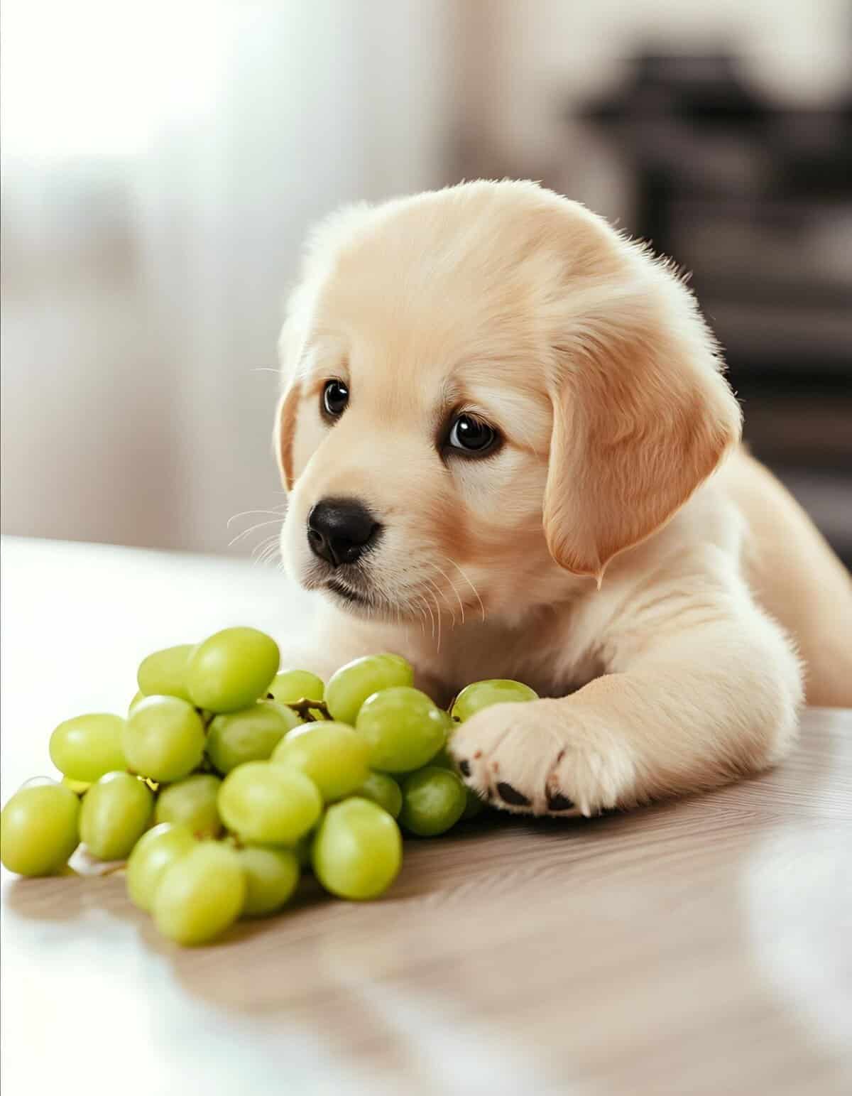 Cute Labrador puppy lying near green grapes, cozy indoor setting, healthy dog snacks.