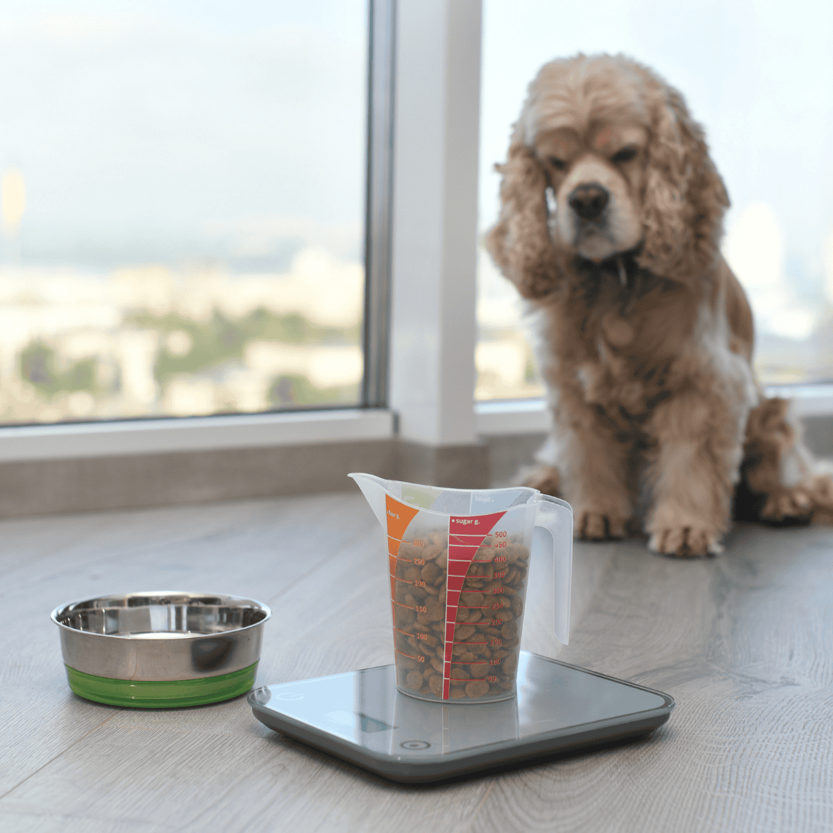 Dog food measuring and feeding scale with a bowl, ideal for accurate pet meal portions.
