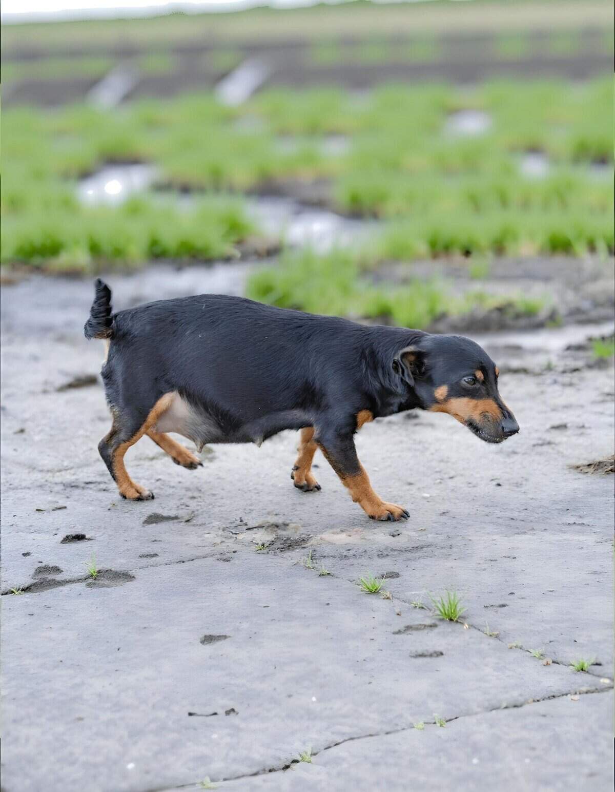 Adorable black and tan Dachshund puppy exploring outside on a stone pathway with natural scenery.