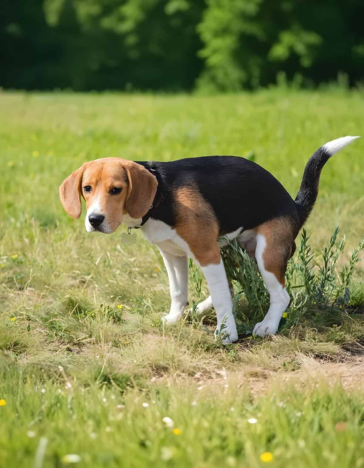 Adorable Beagle puppy standing on grassy field with lush trees in the background.