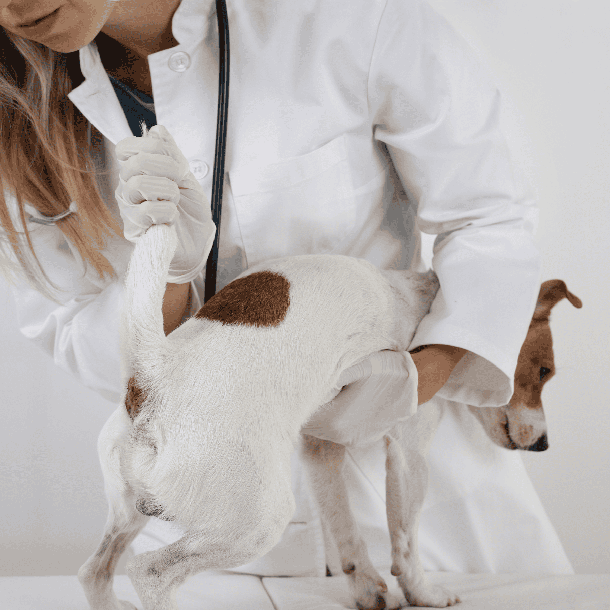 Dog being examined by veterinarian with stethoscope.