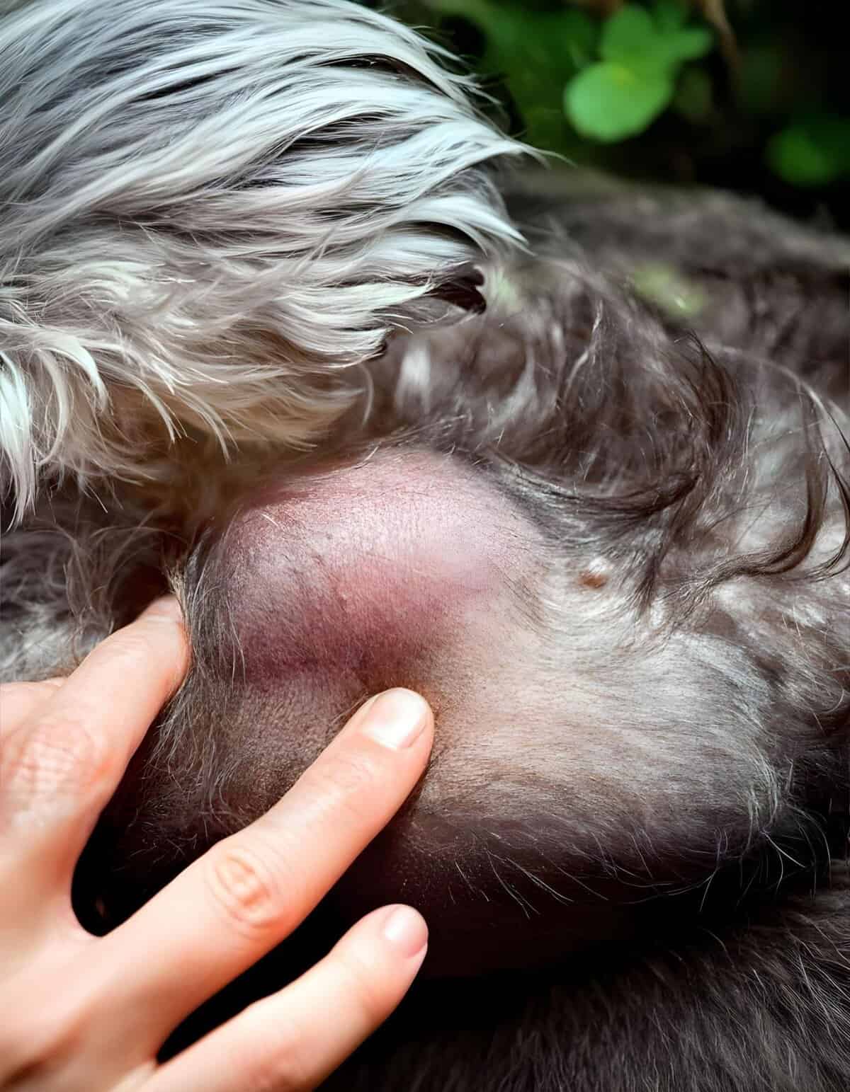 Close-up of a dog's skin with a noticeable flea allergy, showing irritation and inflammation.