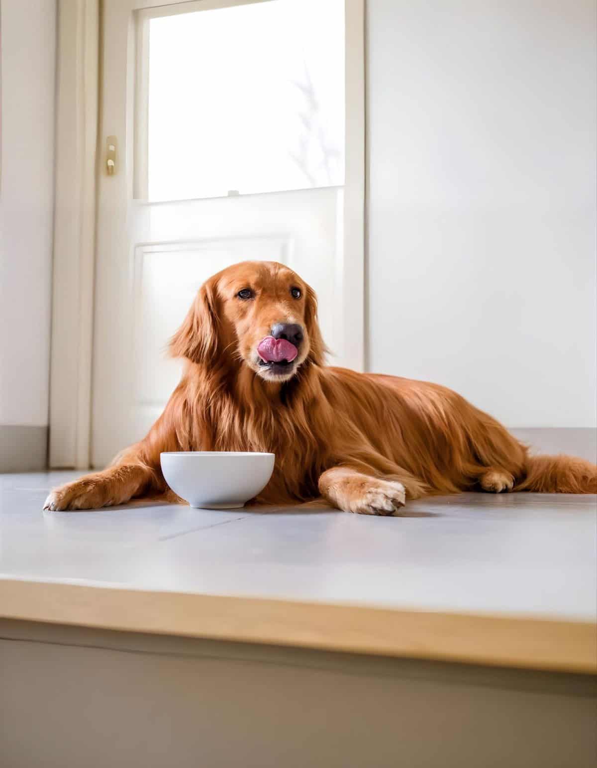 Golden retriever lying on the floor with a food bowl, sunny home interior, pet care, dog nutrition, indoor pet safety.