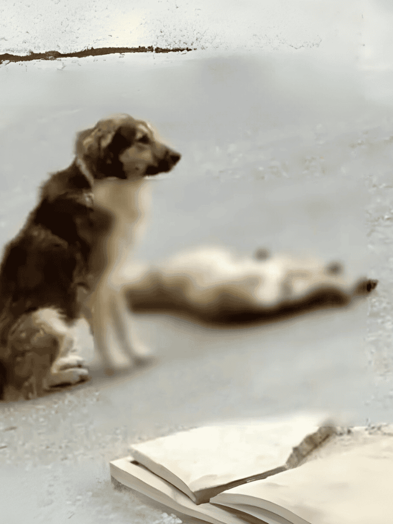 Adorable dog sitting in the sand with a book in the foreground, sunny outdoor scene.