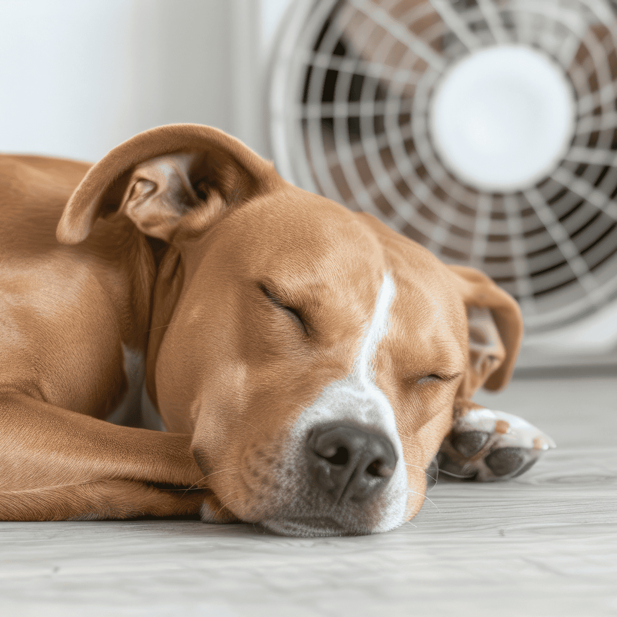 Relaxed dog resting by a fan, illustrating comfort and cooling for pets during hot days.