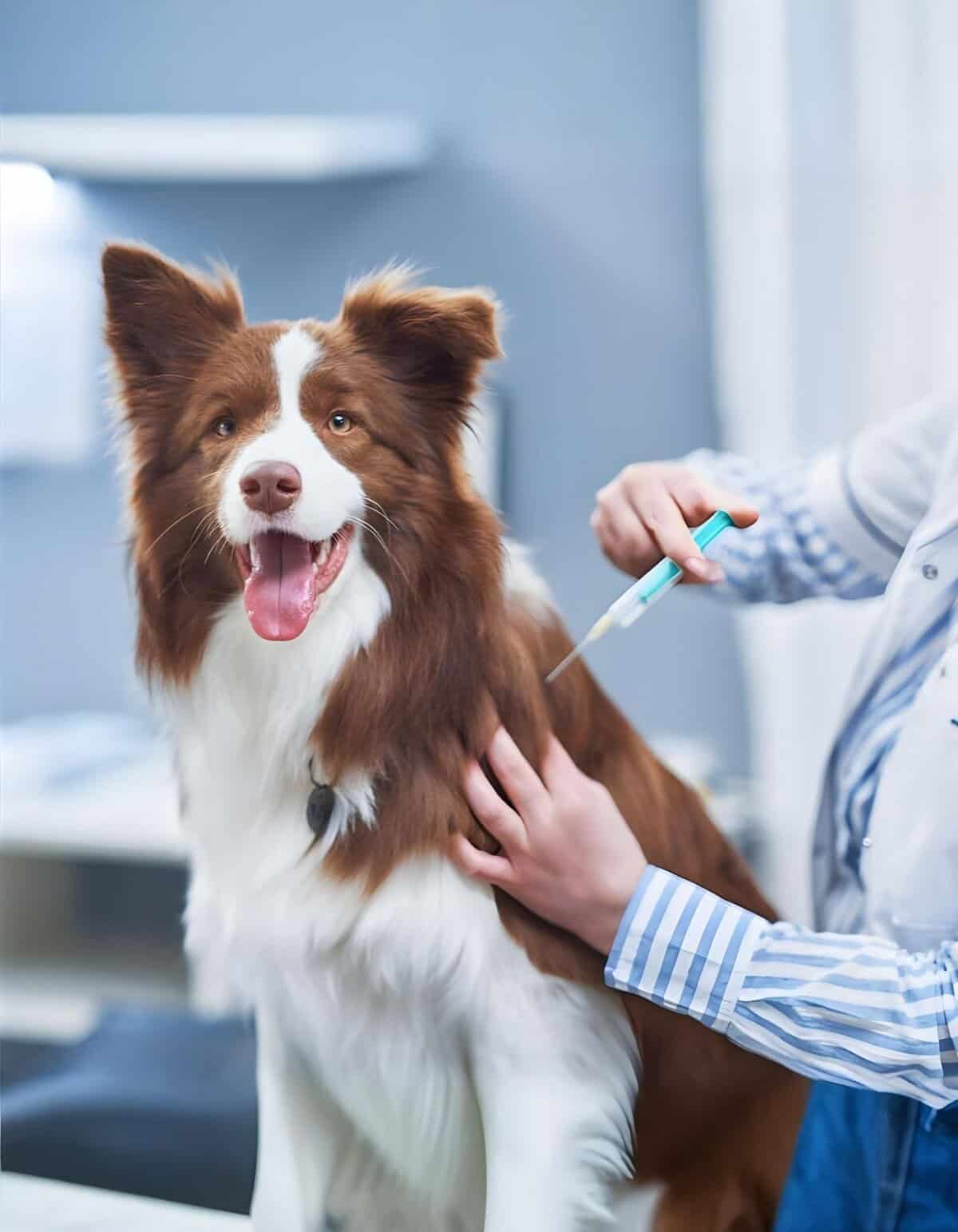 Dog vaccination at veterinary clinic.