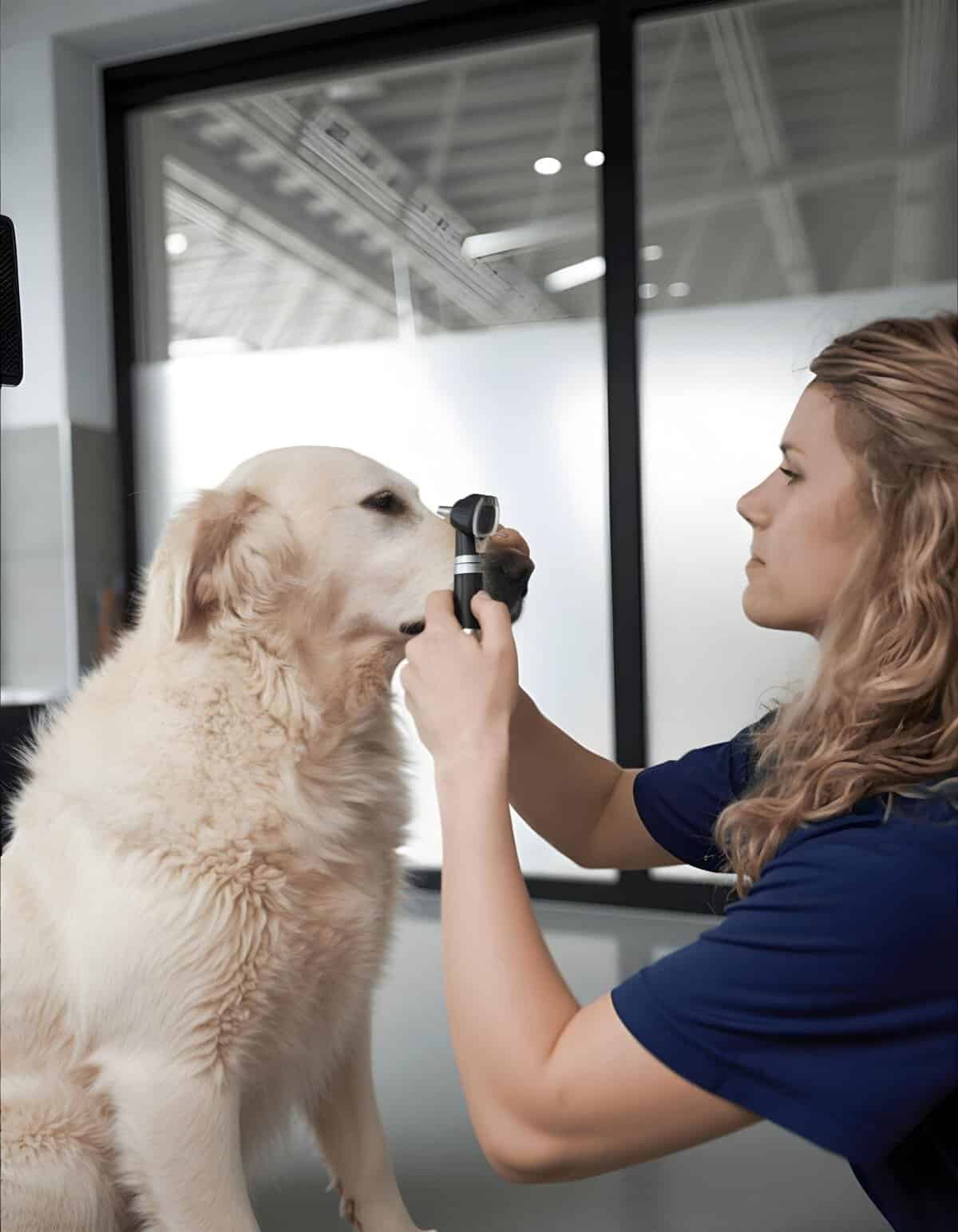 Dog receiving health checkup at veterinary clinic.