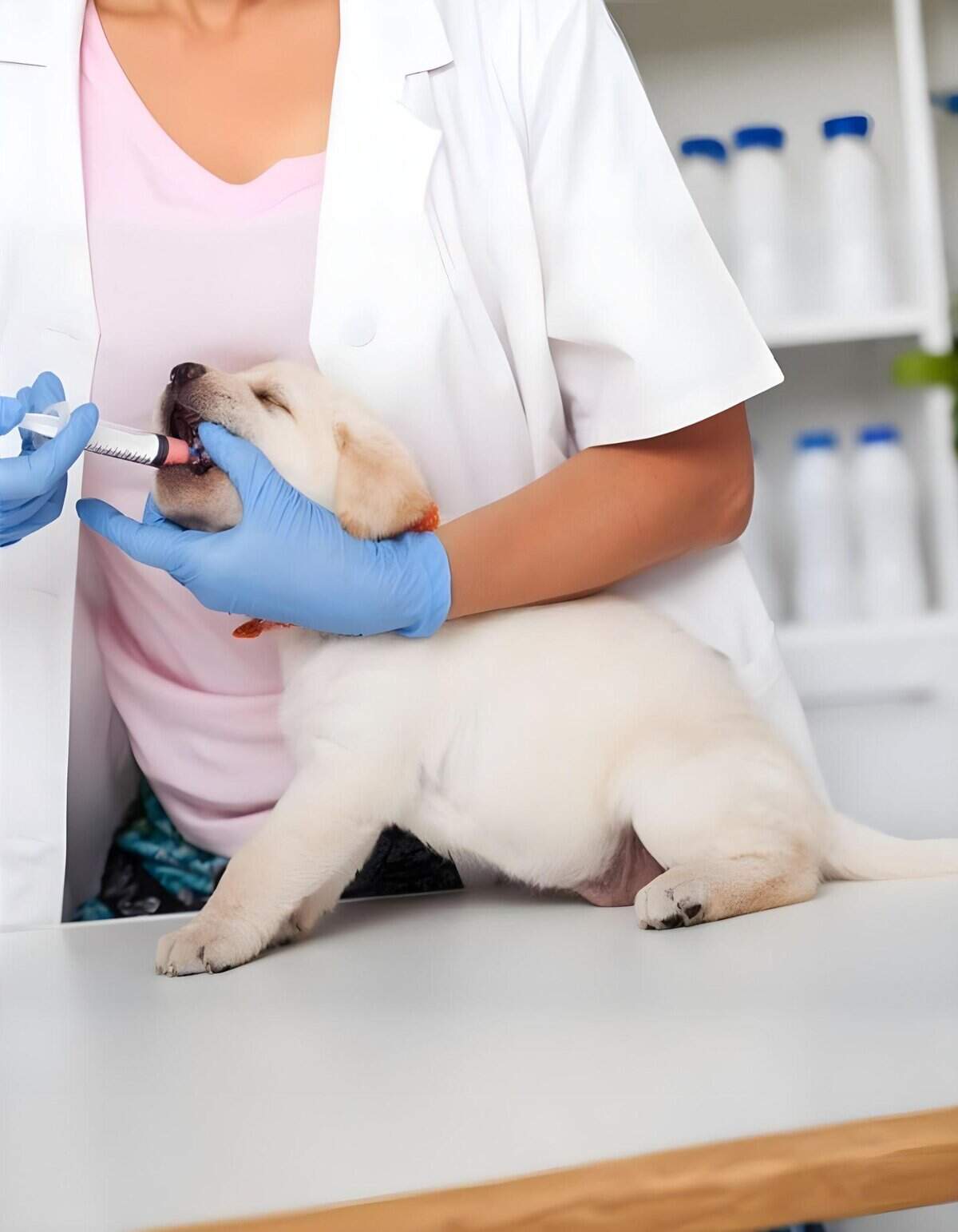 Close-up of a veterinarian administering a vaccine to a playful puppy. Professional pet vaccination service for healthy dogs.