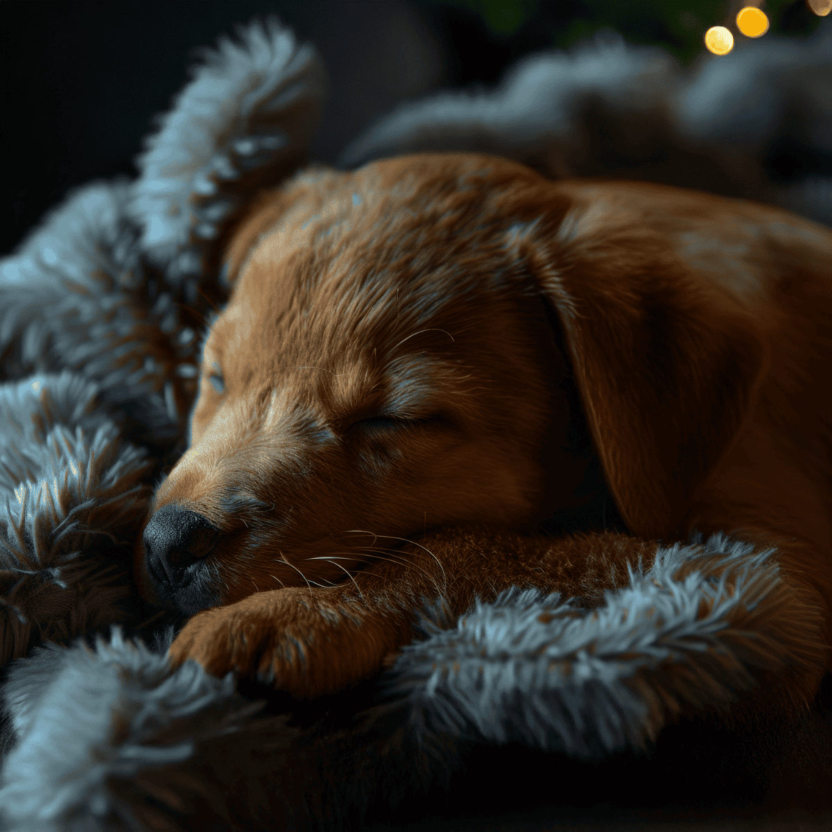Adorable brown puppy sleeping peacefully on a soft, furry blanket indoors. Perfect for dog lovers and pet care enthusiasts.