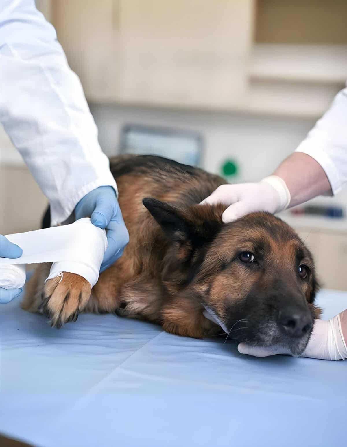 Dog receiving a veterinary examination at a veterinary clinic.