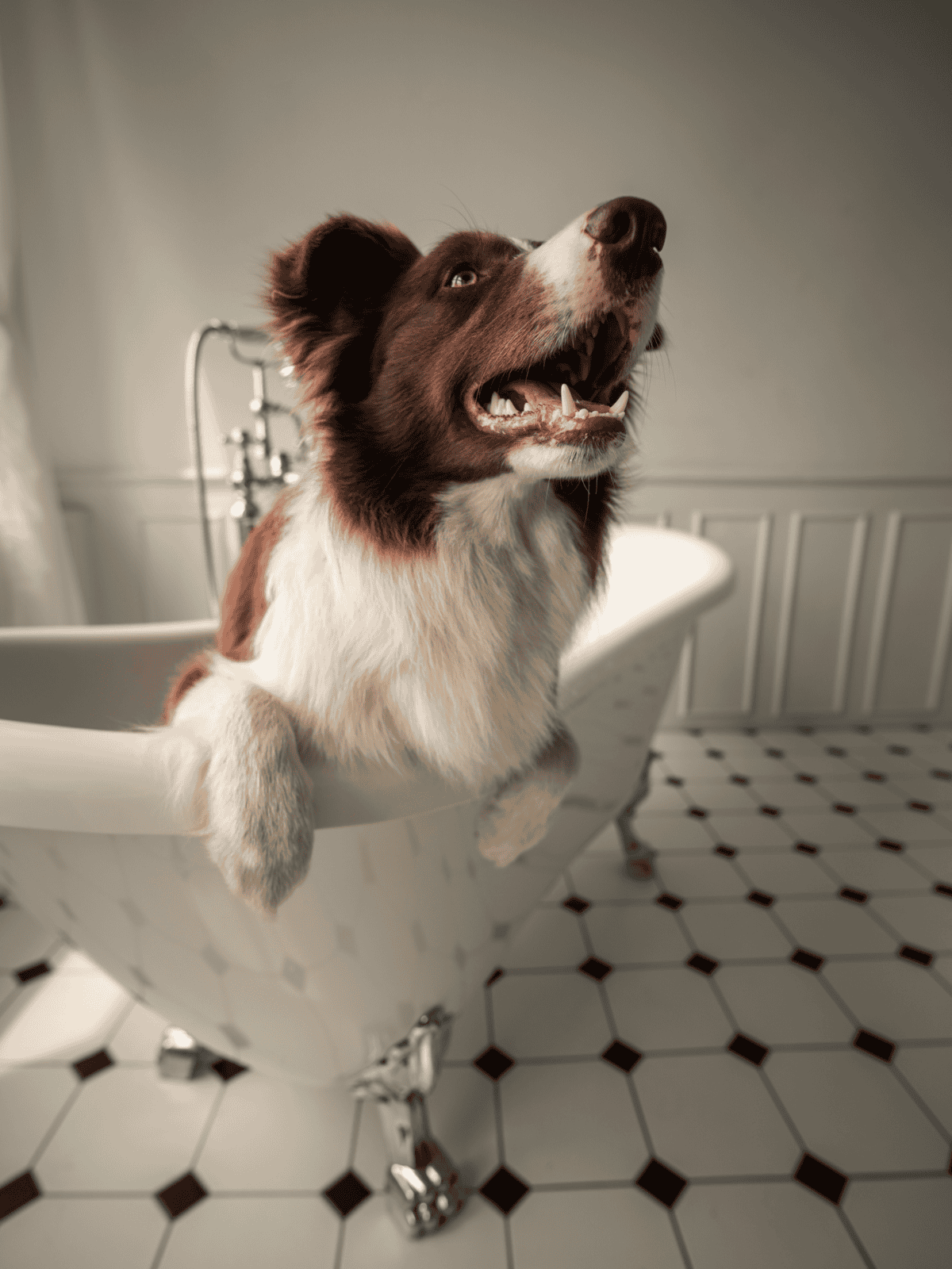 Dog relaxing in vintage clawfoot bathtub, perfect for pet bathing and grooming needs.