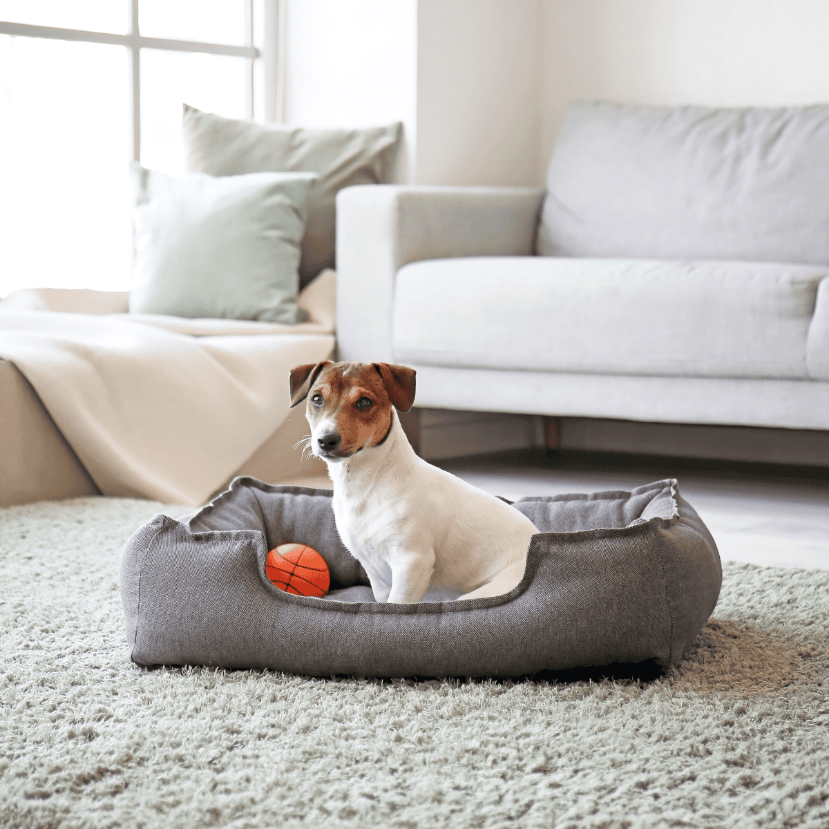 Comfortable dog bed with small puppy and basketball toy, perfect for indoor pet comfort and rest.