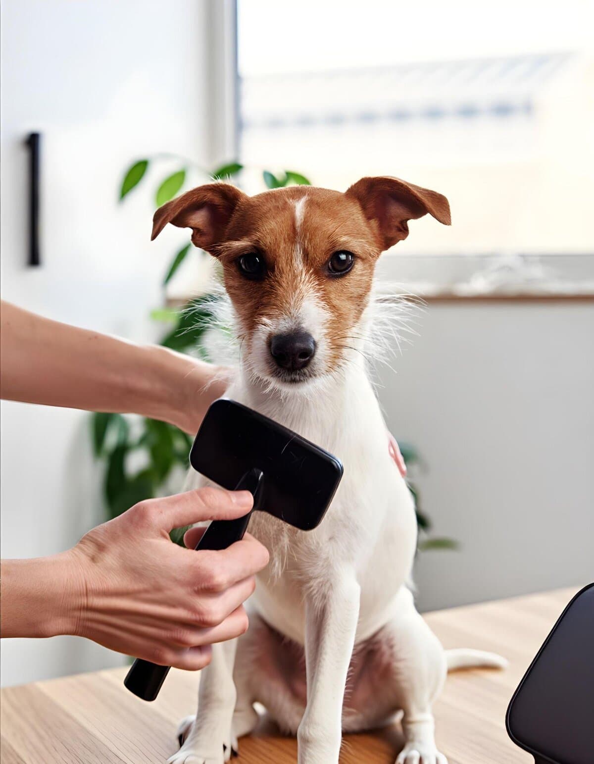 Cute dog getting groomed with grooming tools.