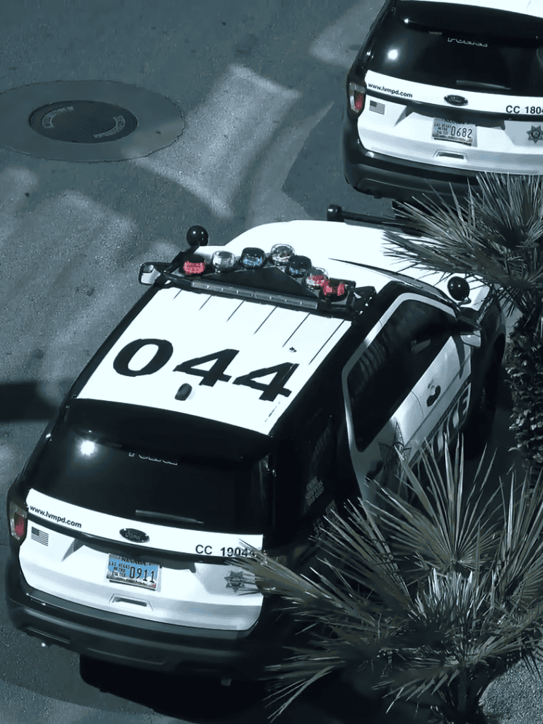 Police vehicle with emergency lights on street.