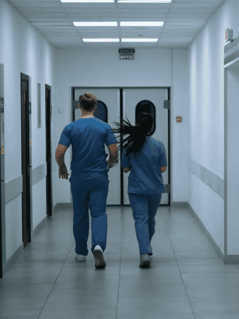 Alt text: Vet professionals walking down hospital corridor, urgent care for pets at Dogfix.com.