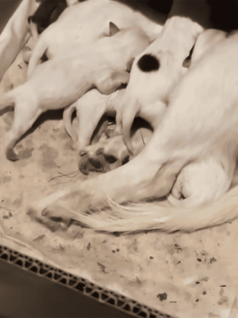 Adorable puppies sleeping together, playing and cuddling in a cozy dog rescue shelter.