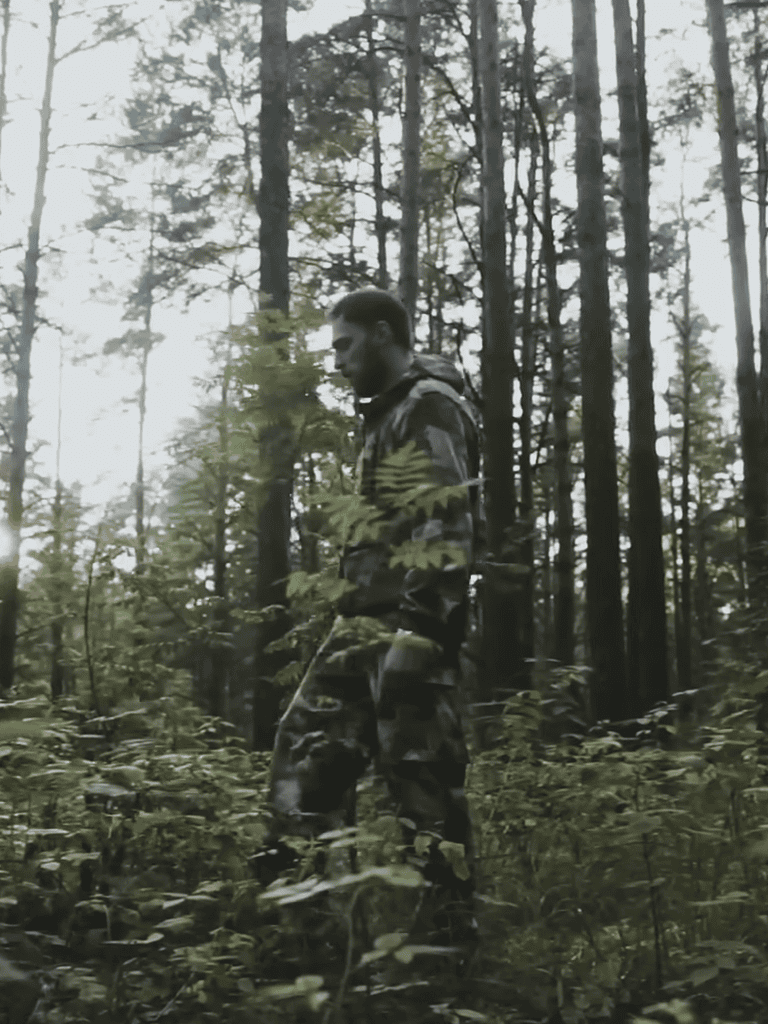 Man in camouflage walking in a dense forest with tall trees.