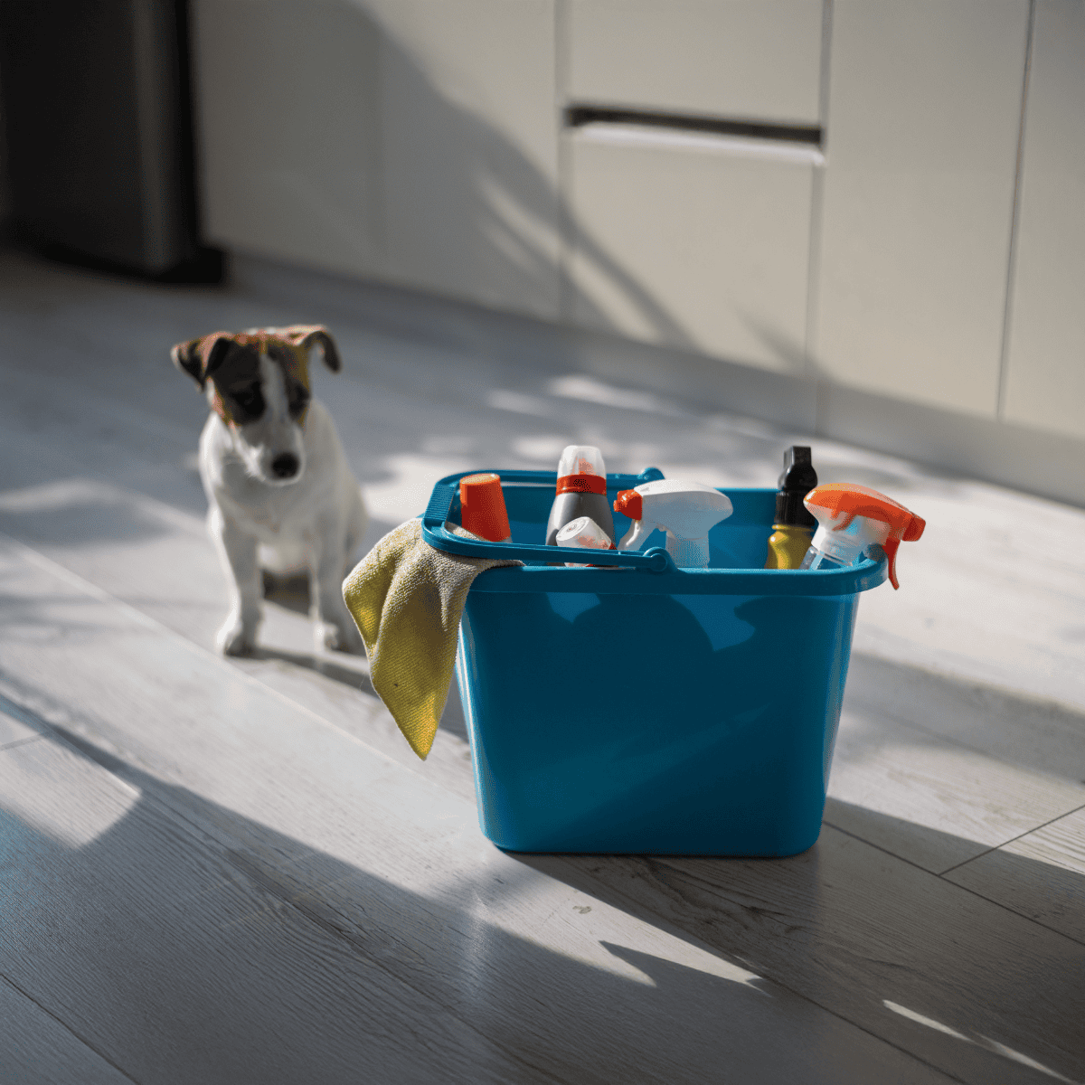 Dog cleaning supplies, grooming products, and pet stain removers.