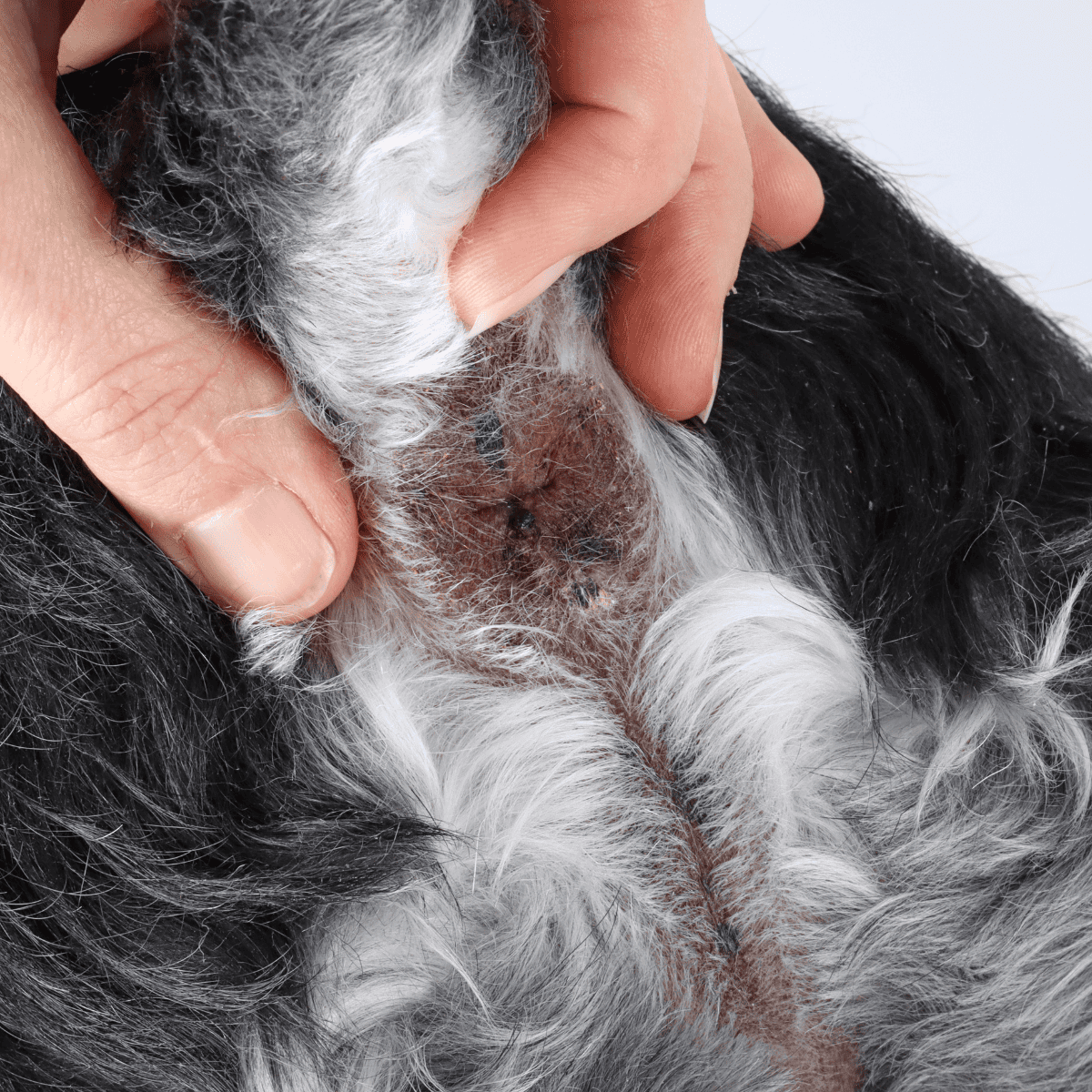 Close-up of a dog's skin showing flea bites and irritation, emphasizing the importance of pet health and flea prevention.