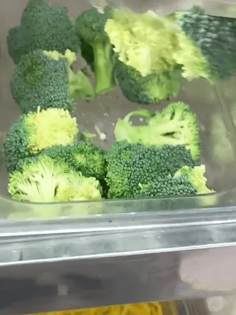 Fresh broccoli florets in a storage container for dog-friendly snacks.