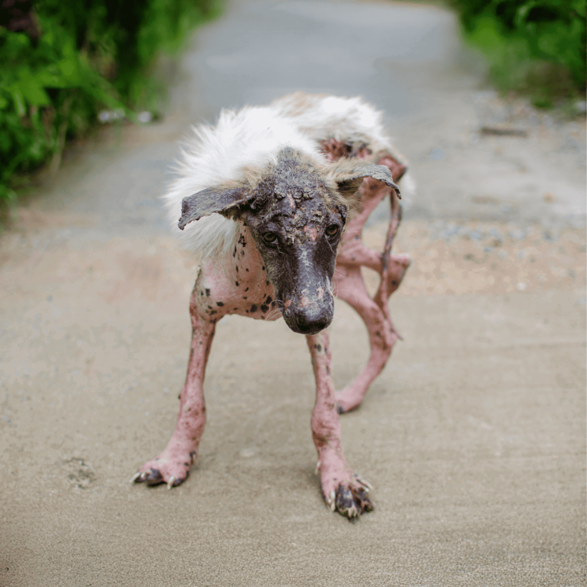 A muddy, dirty dog with matted fur and a distressed look after playing outside, looking directly at the camera.