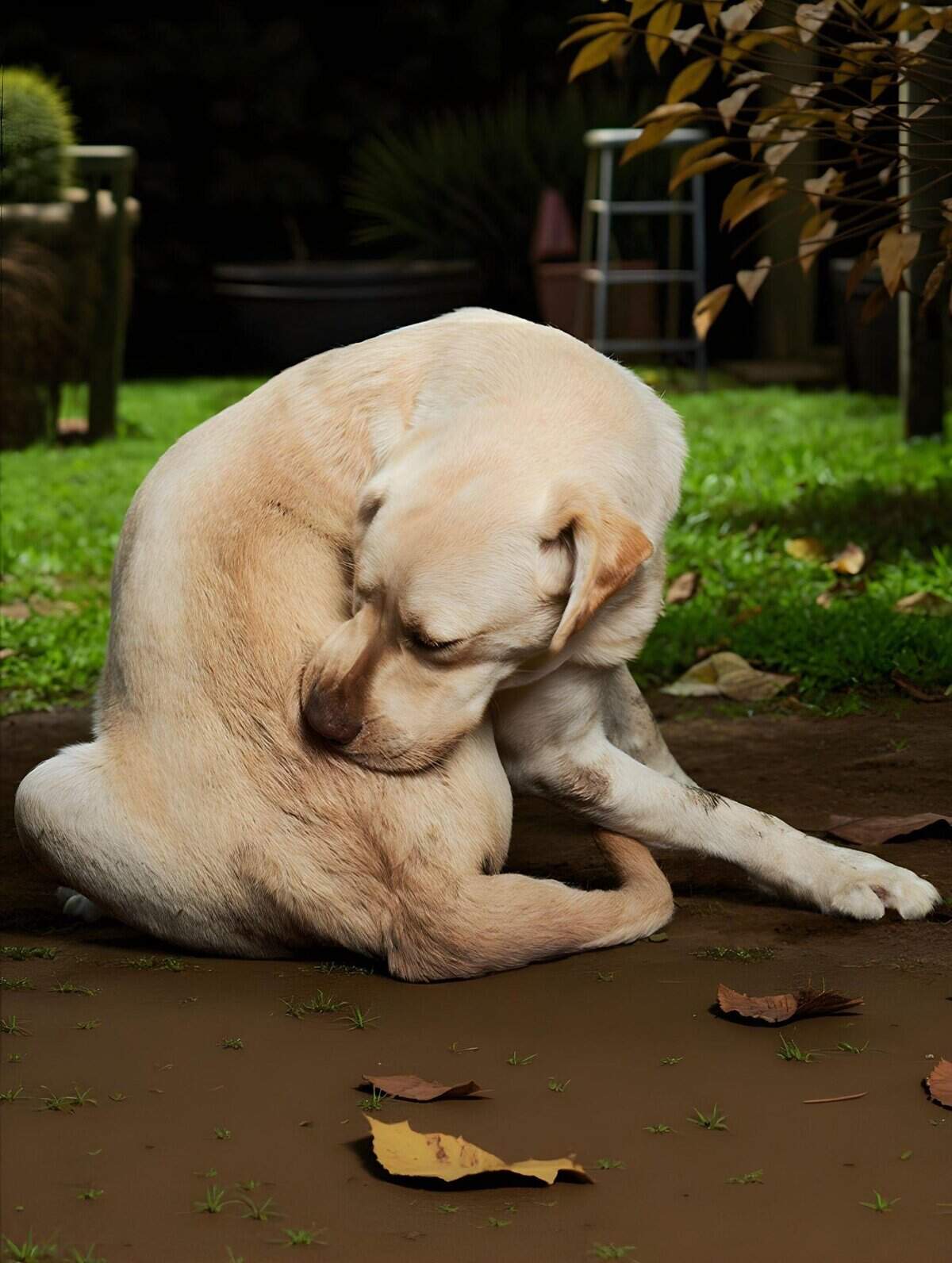 Dog relaxing on the grass in a peaceful outdoor setting.