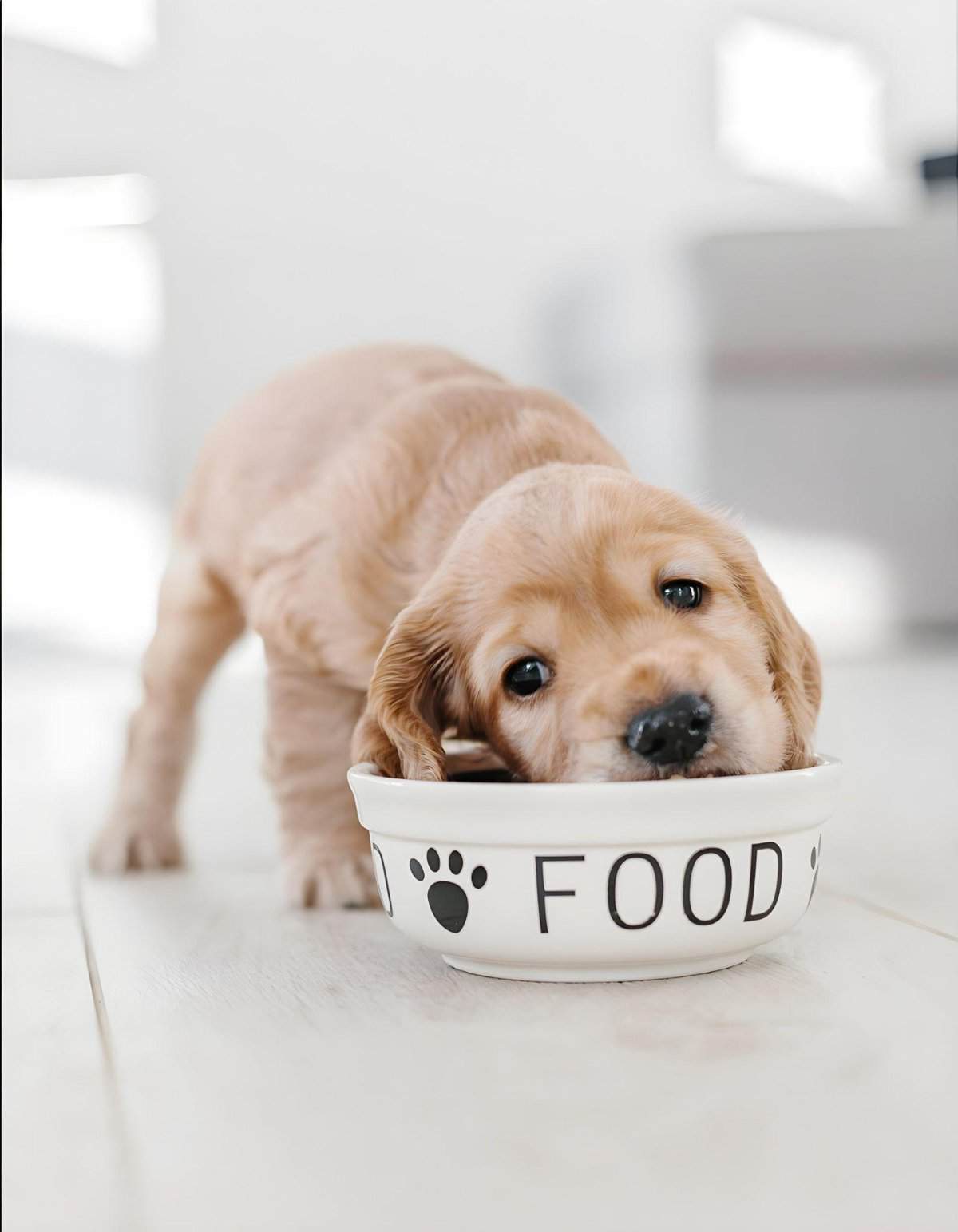 Adorable golden retriever puppy enjoying food from a cute bowl with paw prints.