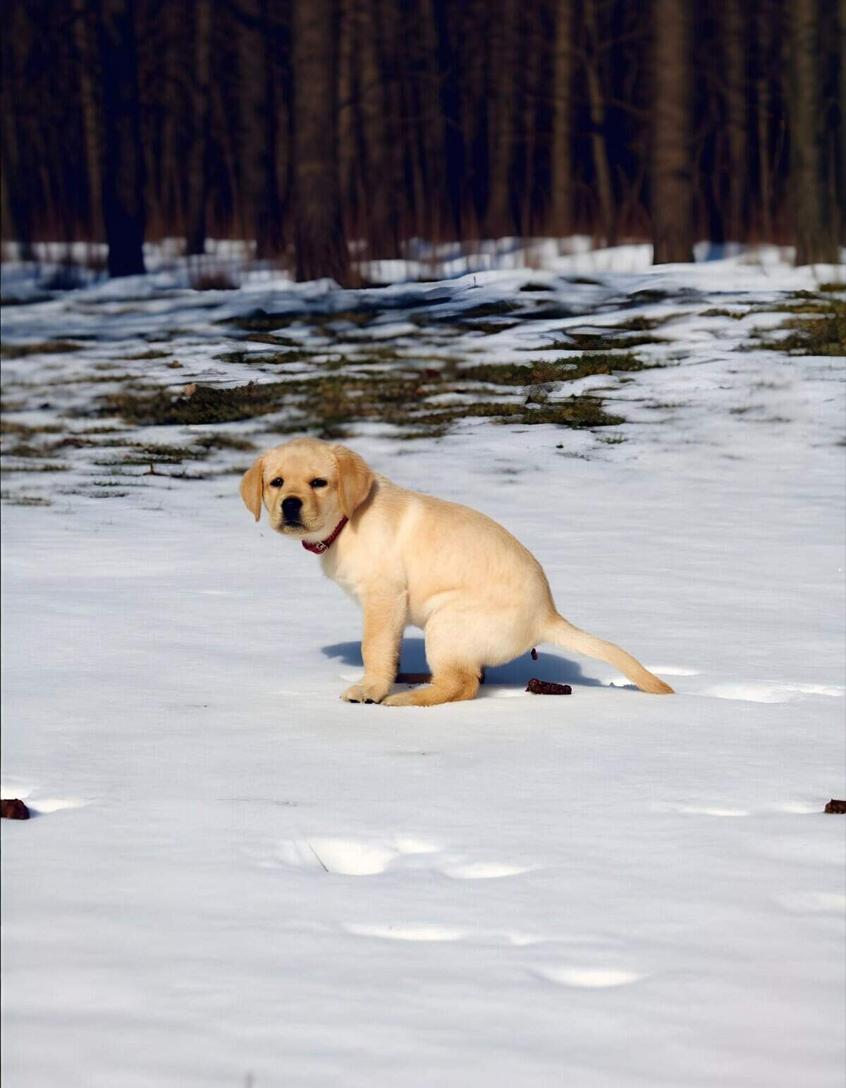 Cute Labrador retriever puppy on snowy landscape, perfect for dog training and puppy care.